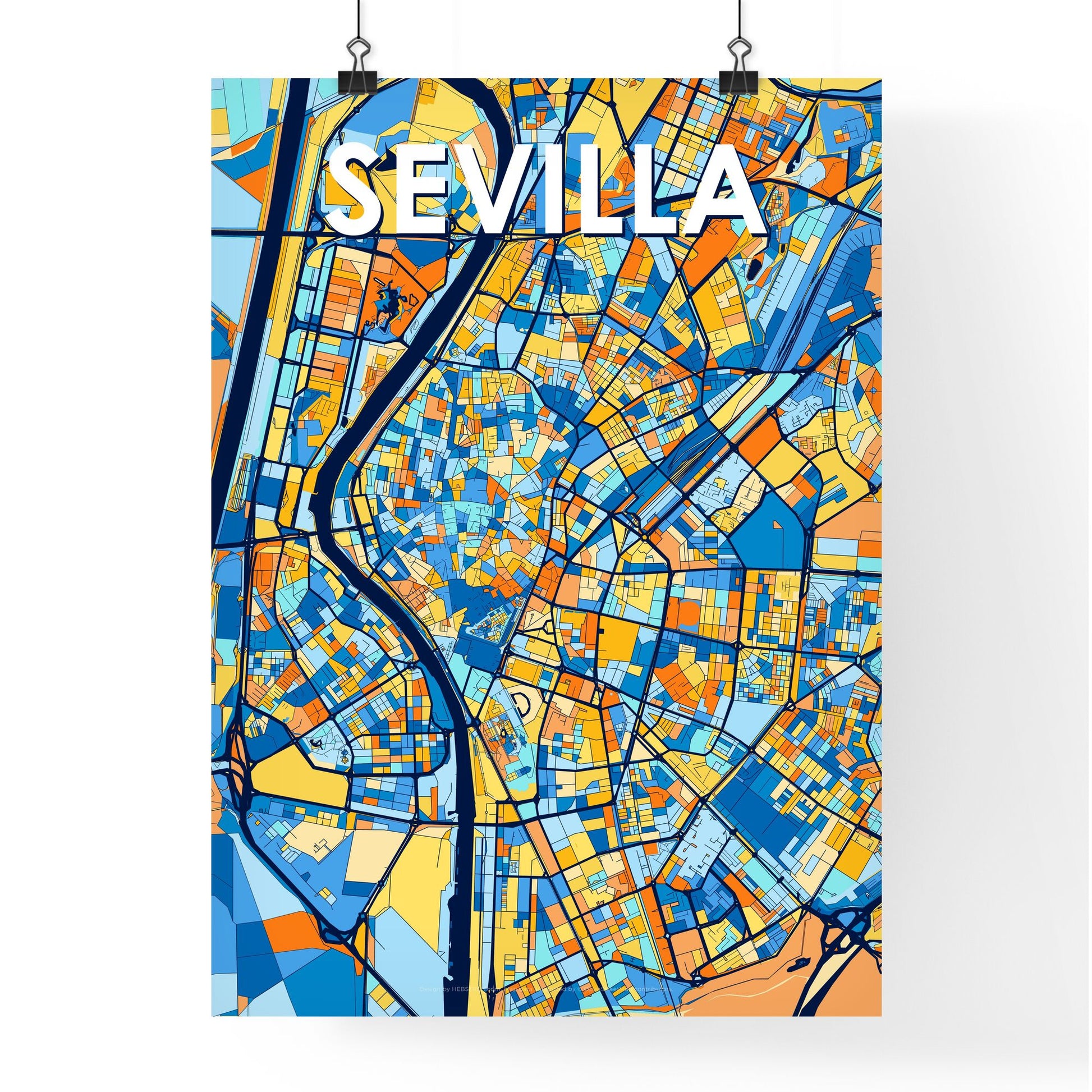 SEVILLA SPAIN Vibrant Colorful Art Map Poster Blue Orange