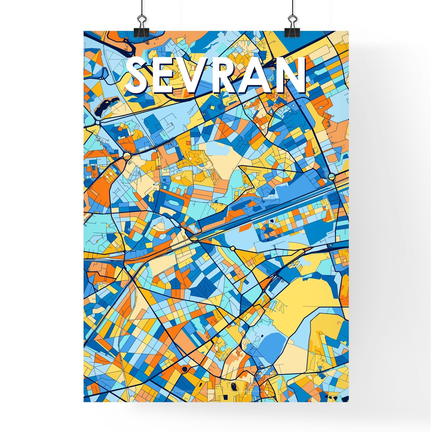 SEVRAN FRANCE Vibrant Colorful Art Map Poster Blue Orange