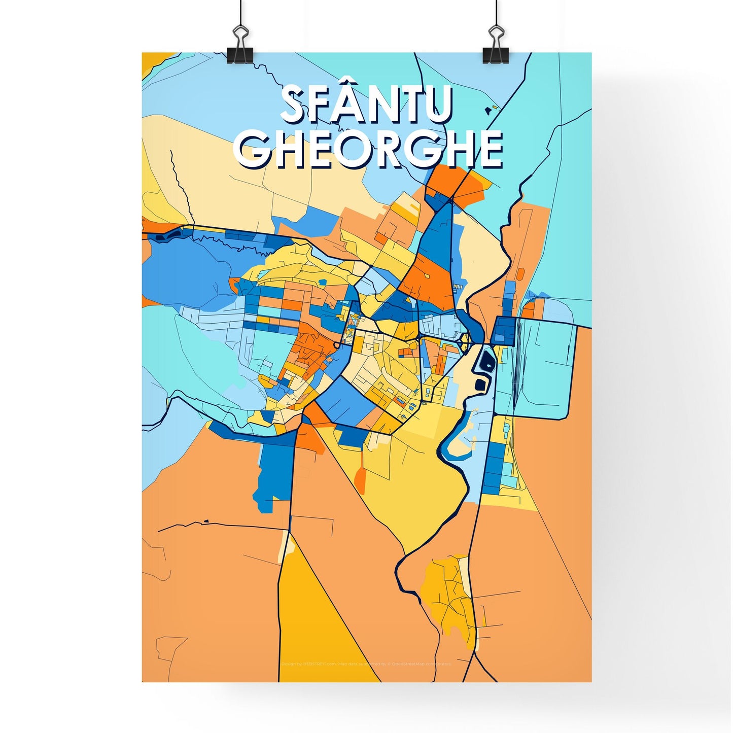 SFÂNTU GHEORGHE ROMANIA Vibrant Colorful Art Map Poster Blue Orange