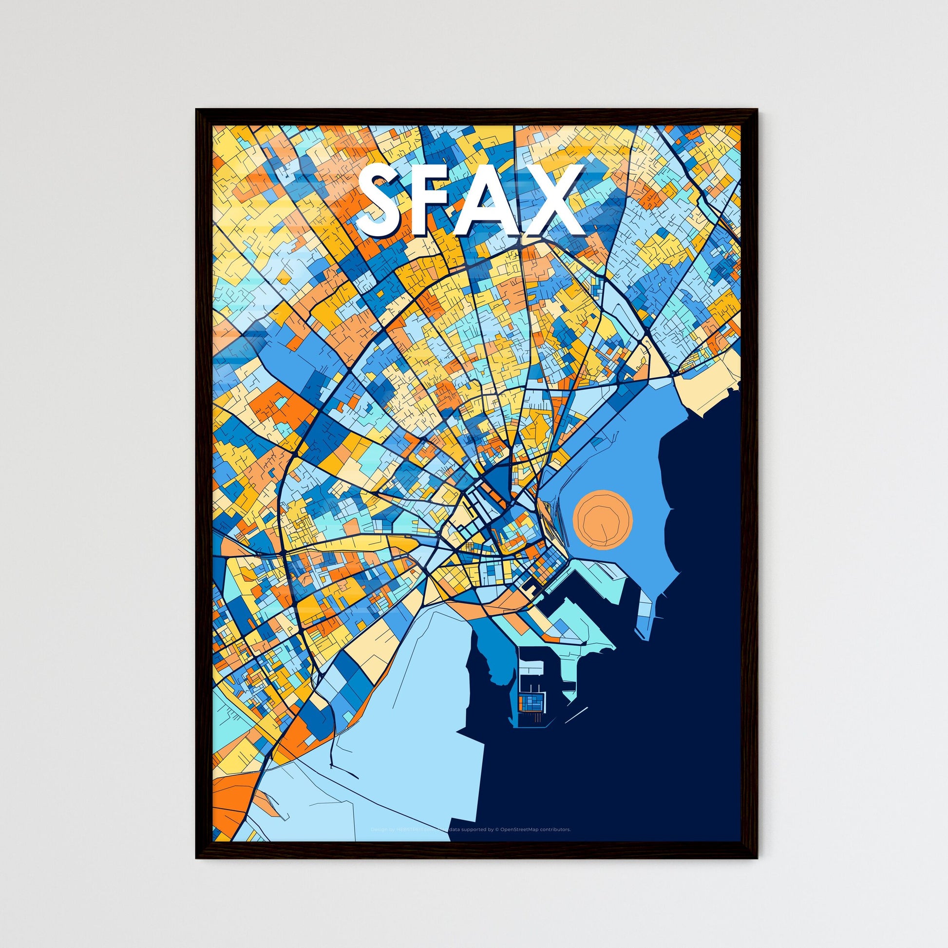 SFAX TUNISIA Vibrant Colorful Art Map Poster Blue Orange