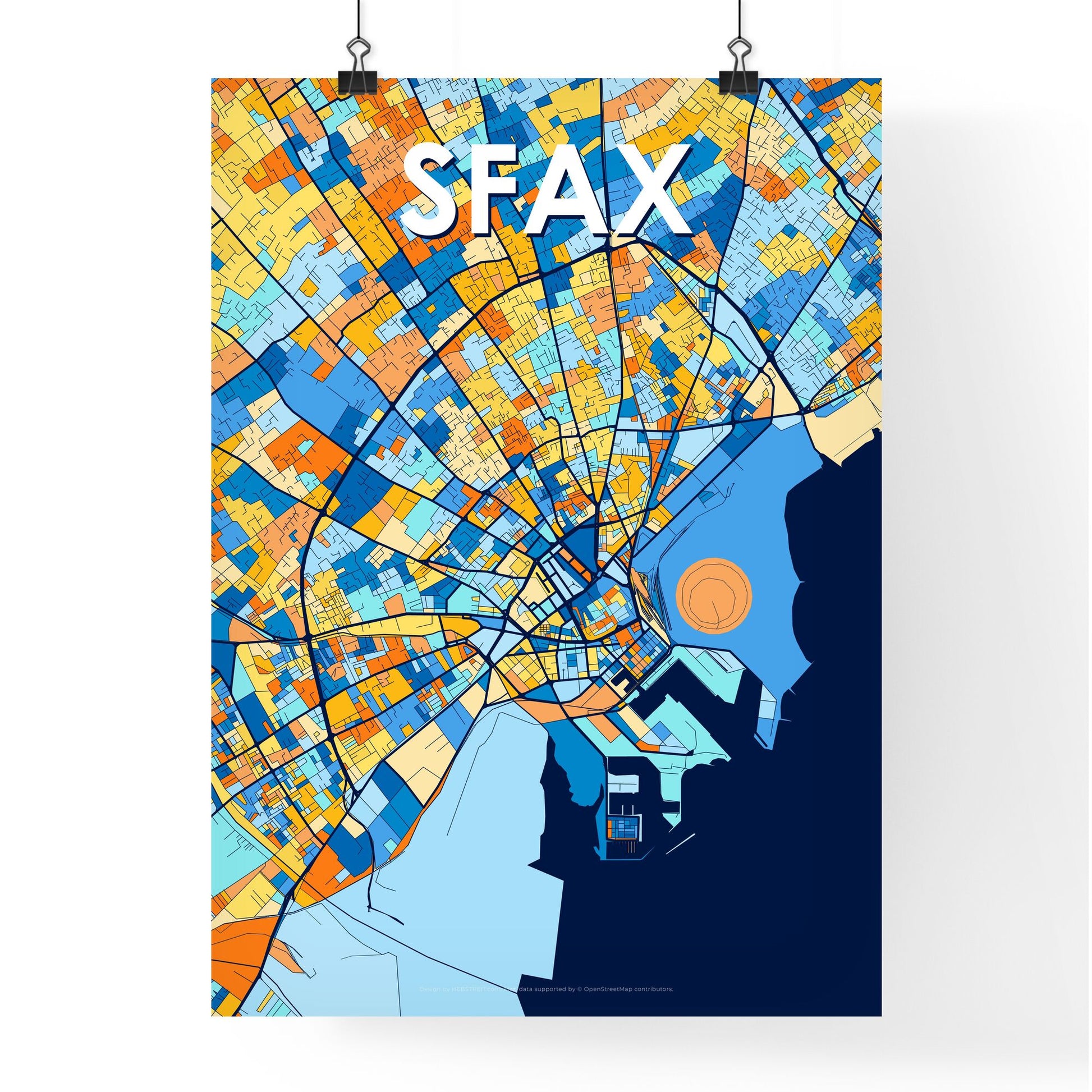 SFAX TUNISIA Vibrant Colorful Art Map Poster Blue Orange