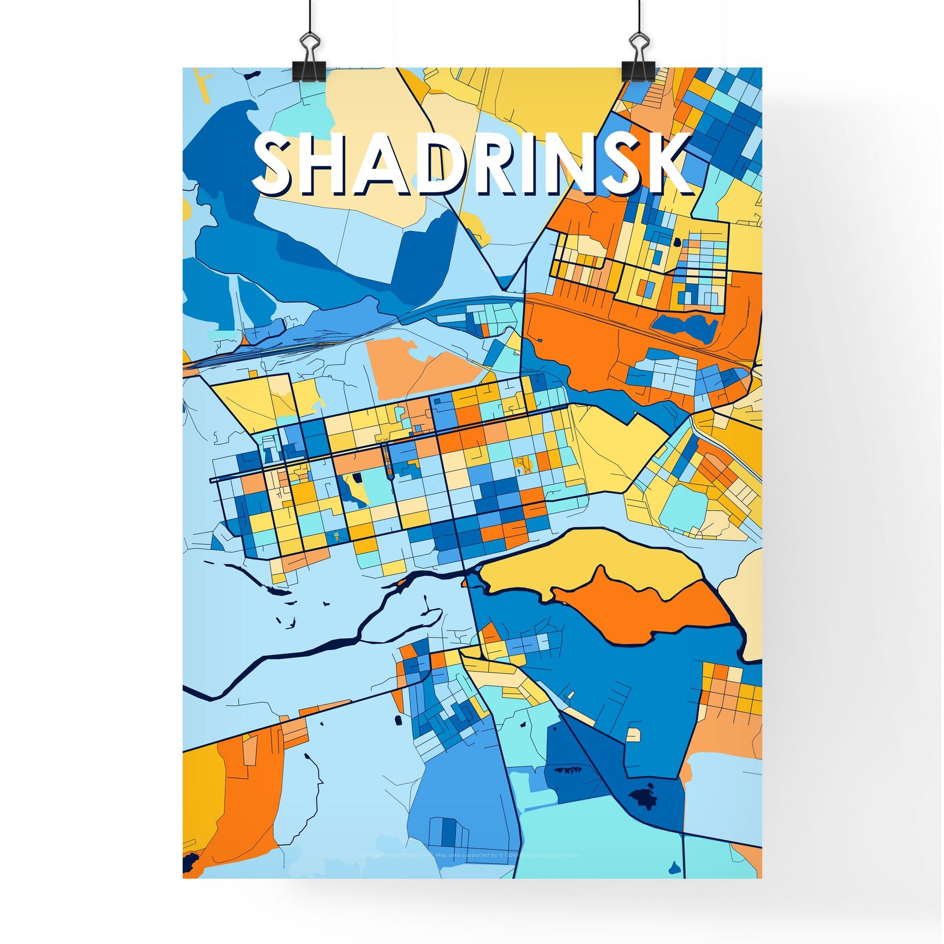 SHADRINSK RUSSIA Vibrant Colorful Art Map Poster Blue Orange