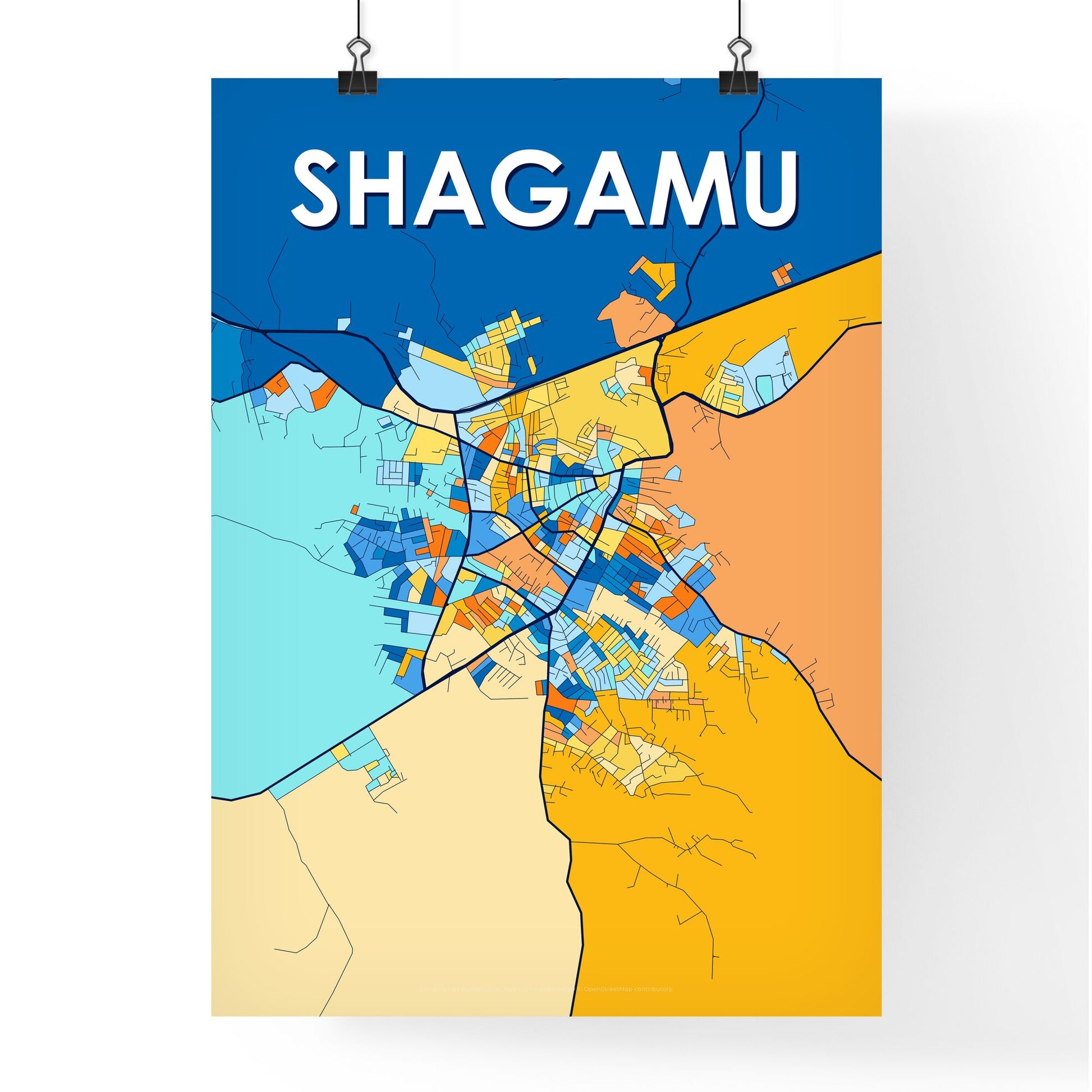 SHAGAMU NIGERIA Vibrant Colorful Art Map Poster Blue Orange