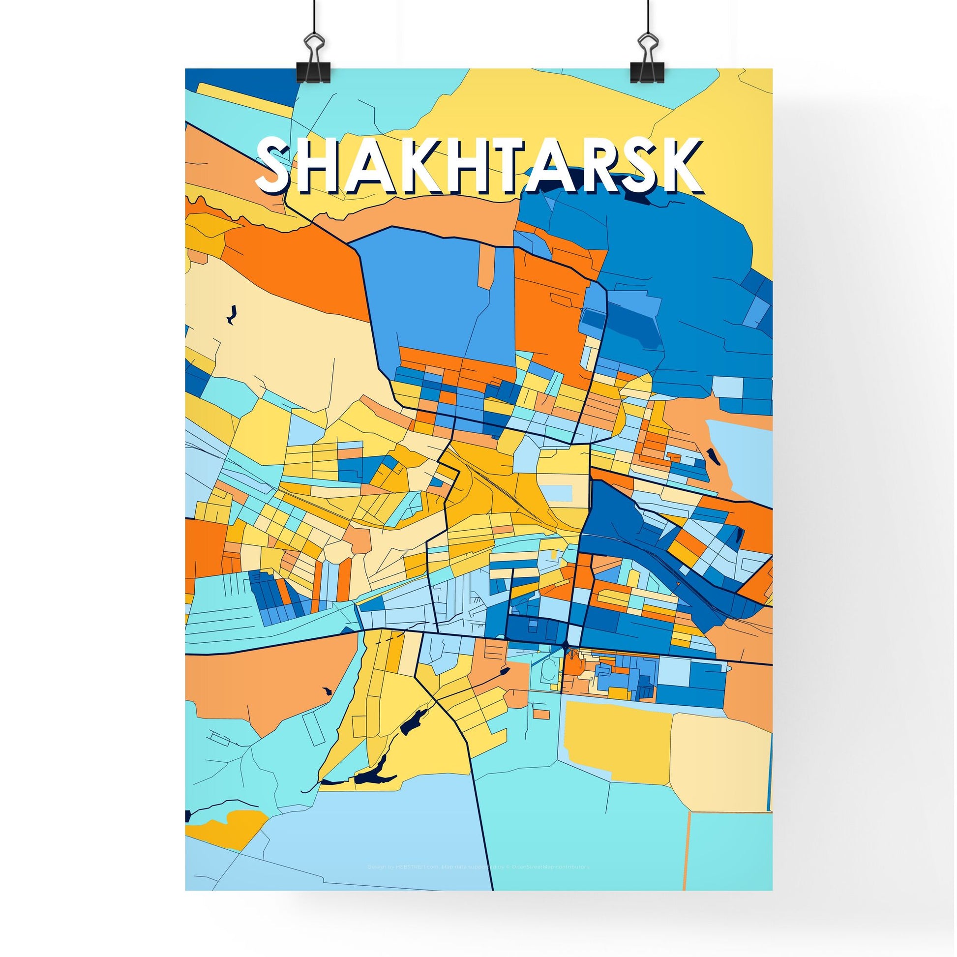 SHAKHTARSK UKRAINE Vibrant Colorful Art Map Poster Blue Orange