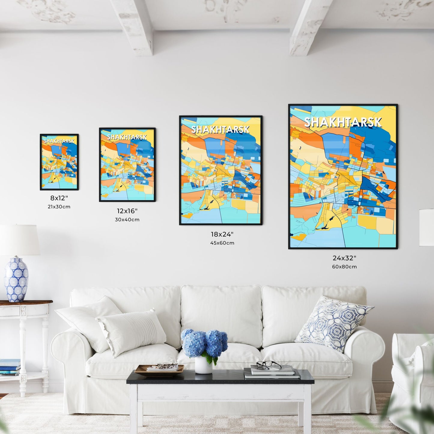 SHAKHTARSK UKRAINE Vibrant Colorful Art Map Poster Blue Orange