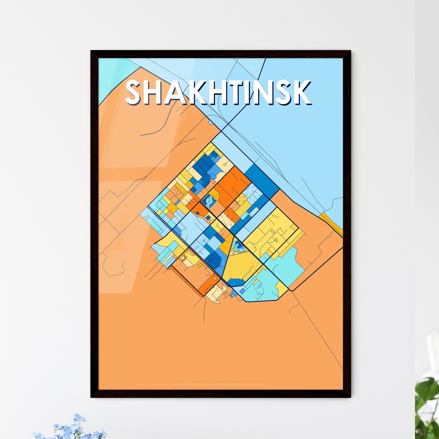 SHAKHTINSK KAZAKHSTAN Vibrant Colorful Art Map Poster Blue Orange