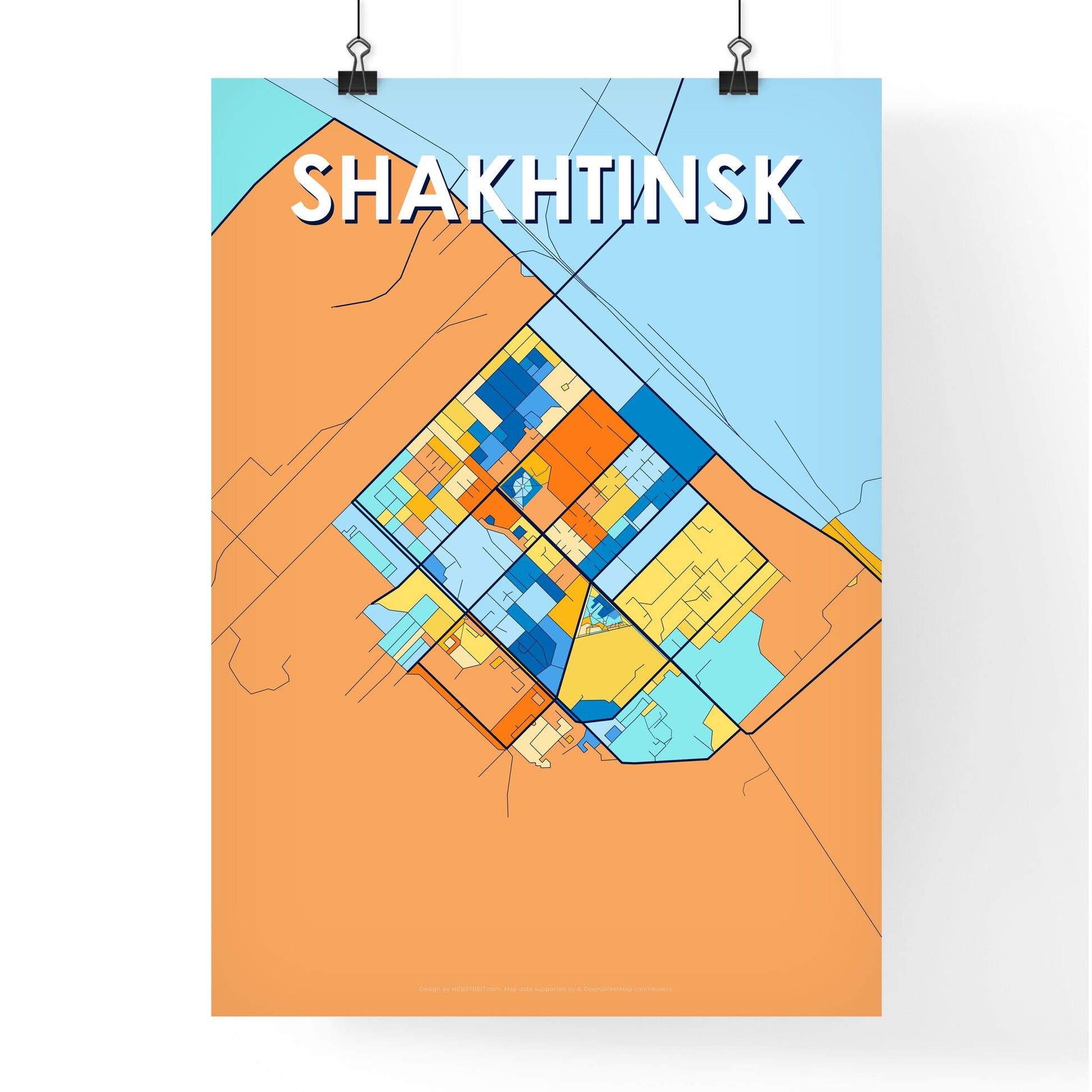 SHAKHTINSK KAZAKHSTAN Vibrant Colorful Art Map Poster Blue Orange