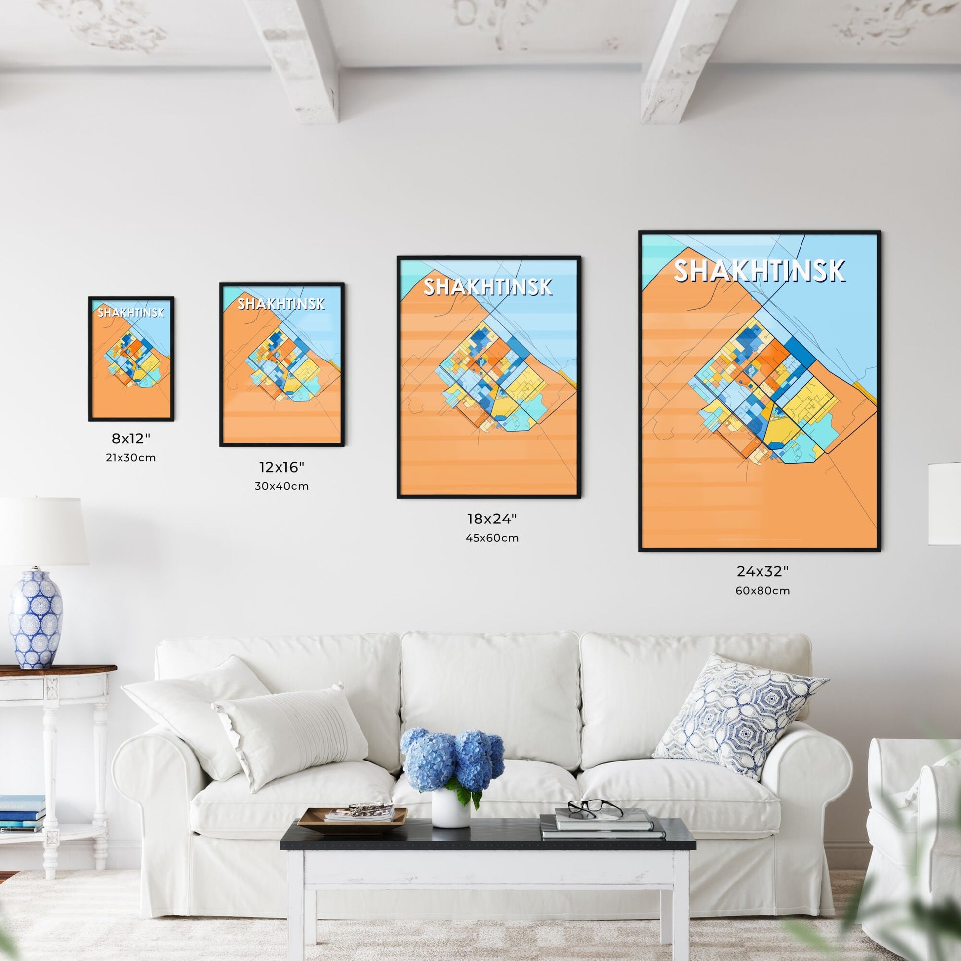 SHAKHTINSK KAZAKHSTAN Vibrant Colorful Art Map Poster Blue Orange