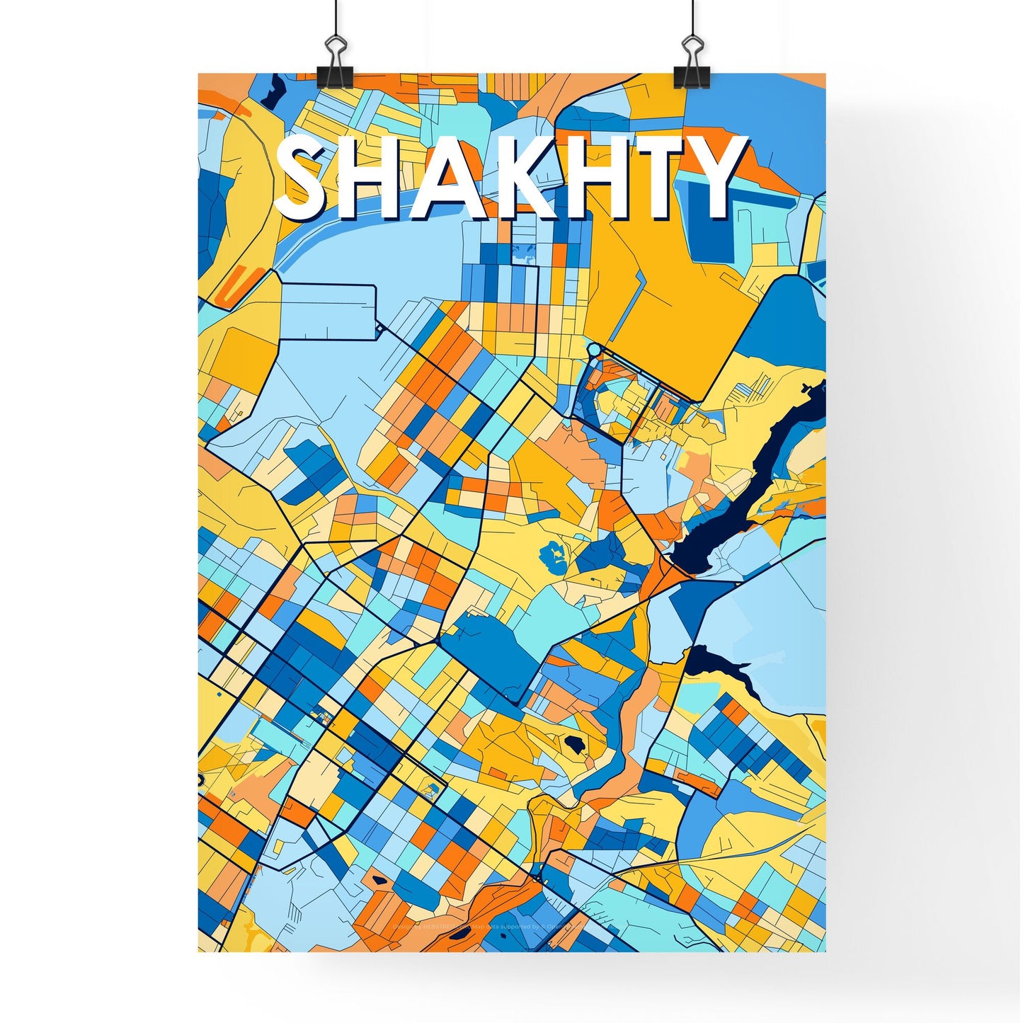 SHAKHTY RUSSIA Vibrant Colorful Art Map Poster Blue Orange