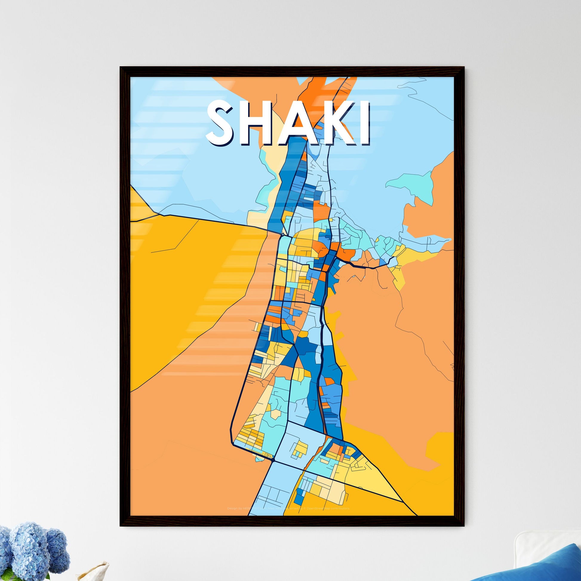 SHAKI AZERBAIJAN Vibrant Colorful Art Map Poster Blue Orange