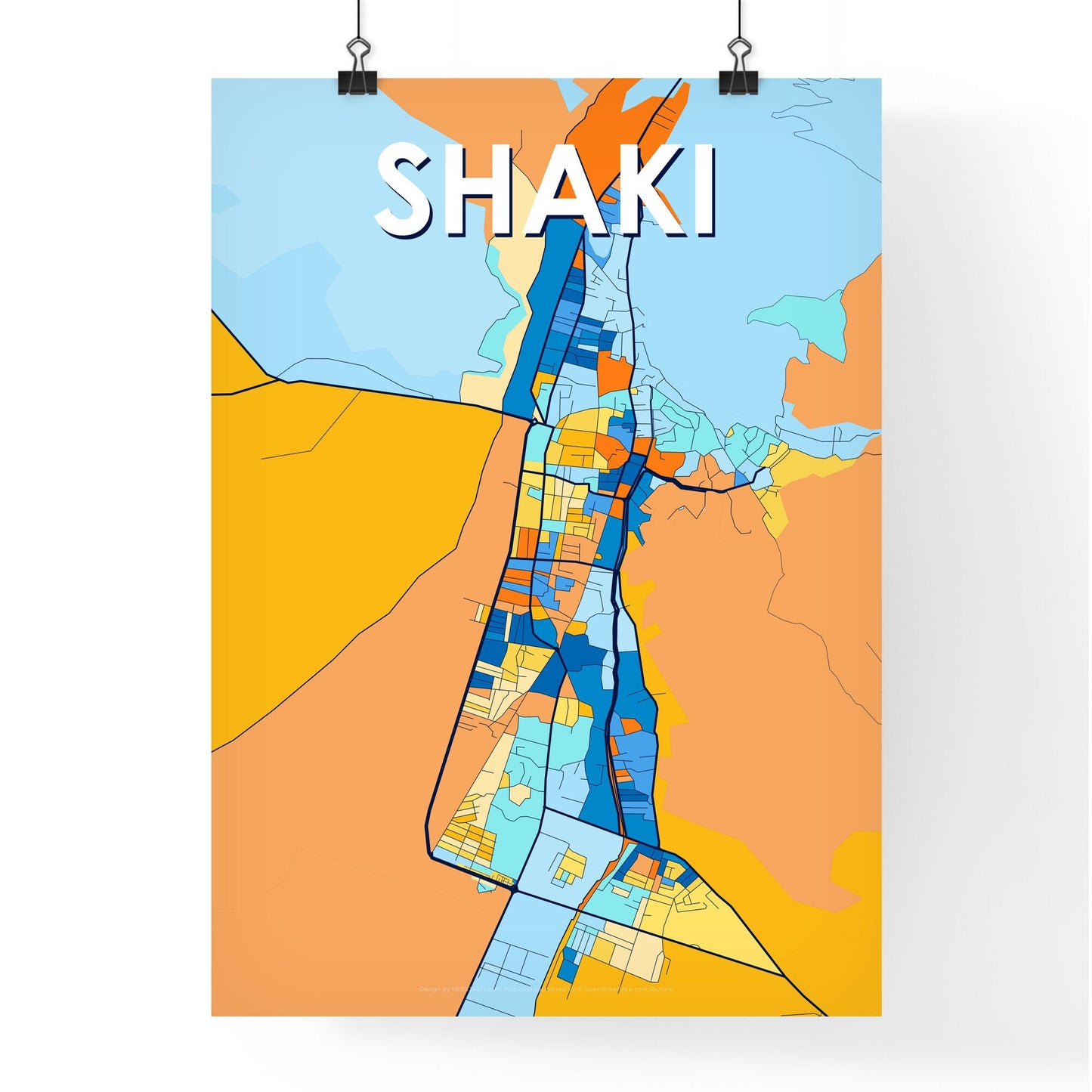 SHAKI AZERBAIJAN Vibrant Colorful Art Map Poster Blue Orange