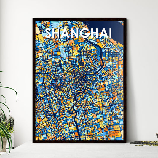 SHANGHAI CHINA Vibrant Colorful Art Map Poster Blue Orange