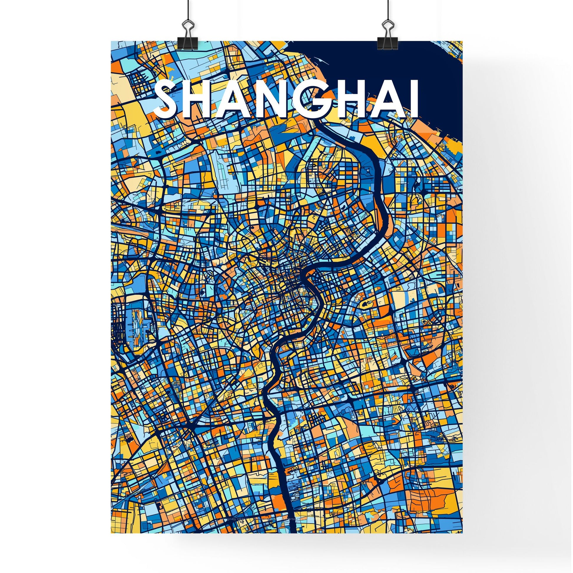 SHANGHAI CHINA Vibrant Colorful Art Map Poster Blue Orange