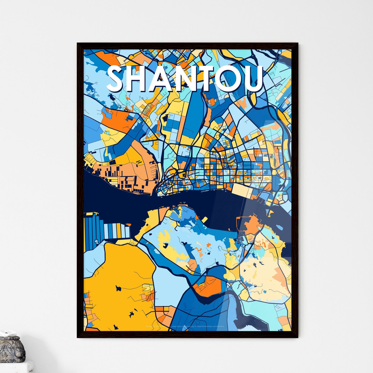 SHANTOU CHINA Vibrant Colorful Art Map Poster Blue Orange