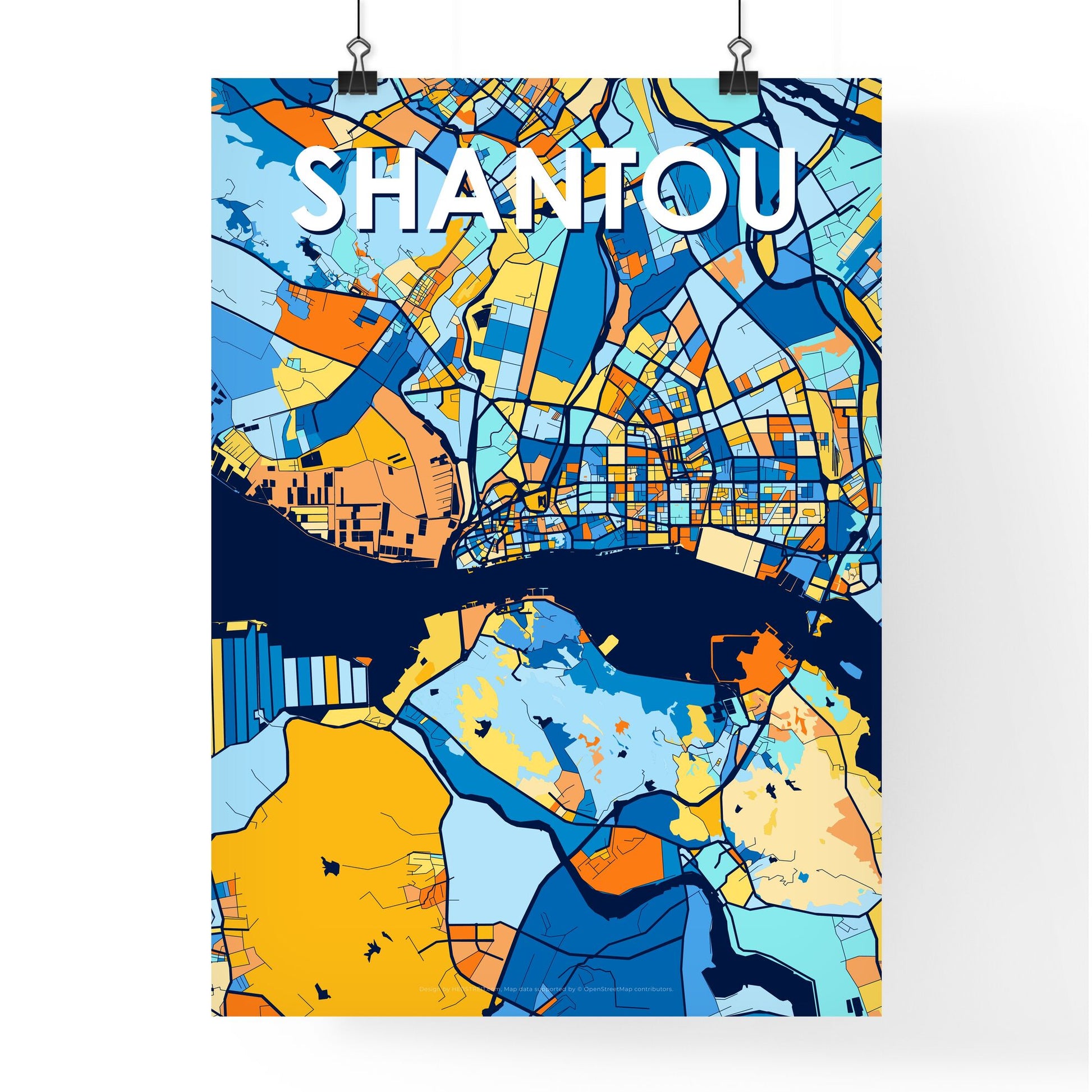 SHANTOU CHINA Vibrant Colorful Art Map Poster Blue Orange