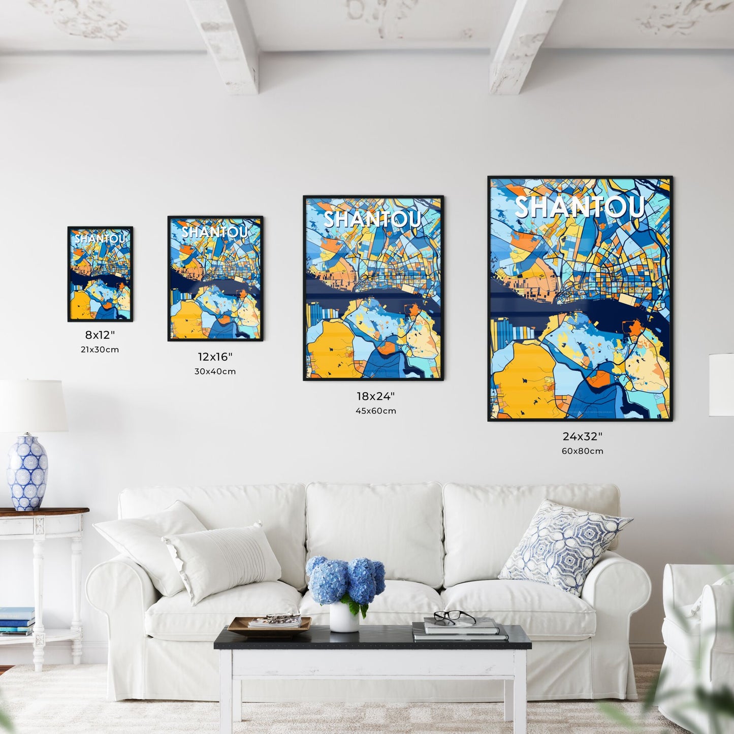 SHANTOU CHINA Vibrant Colorful Art Map Poster Blue Orange