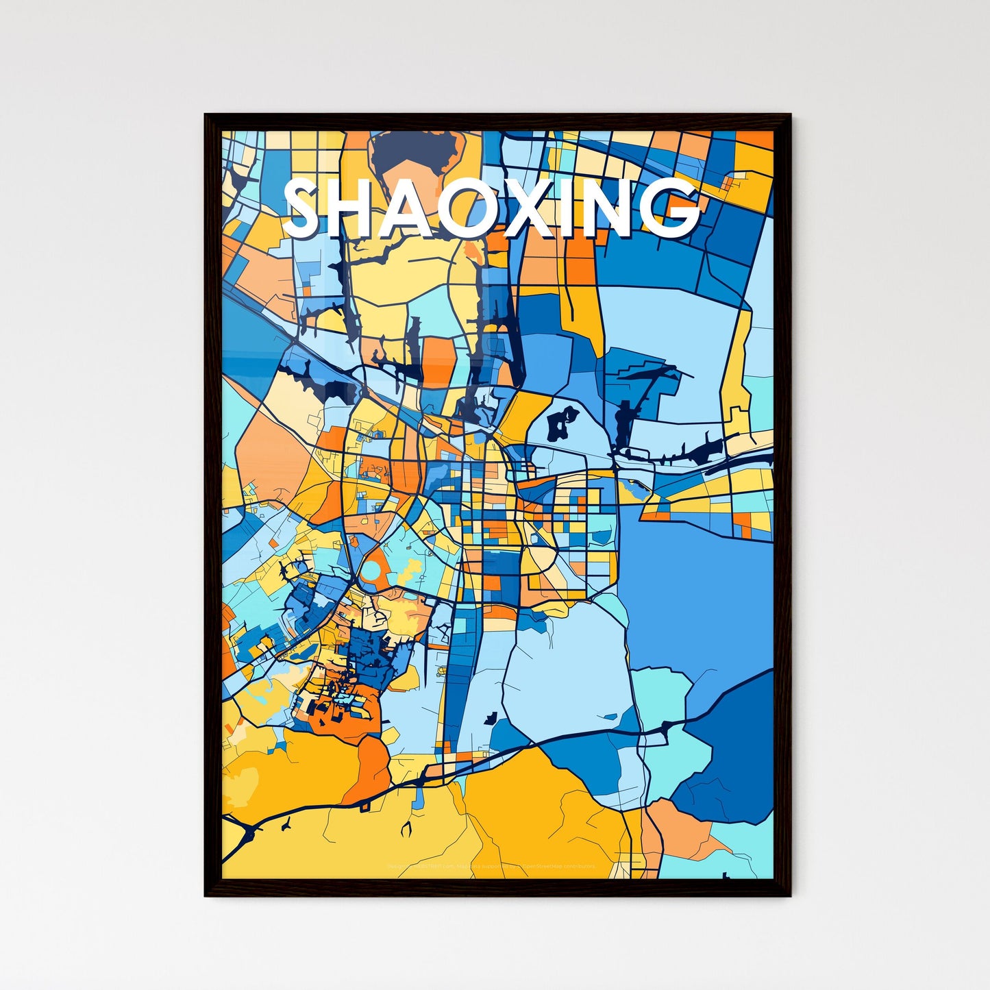 SHAOXING CHINA Vibrant Colorful Art Map Poster Blue Orange