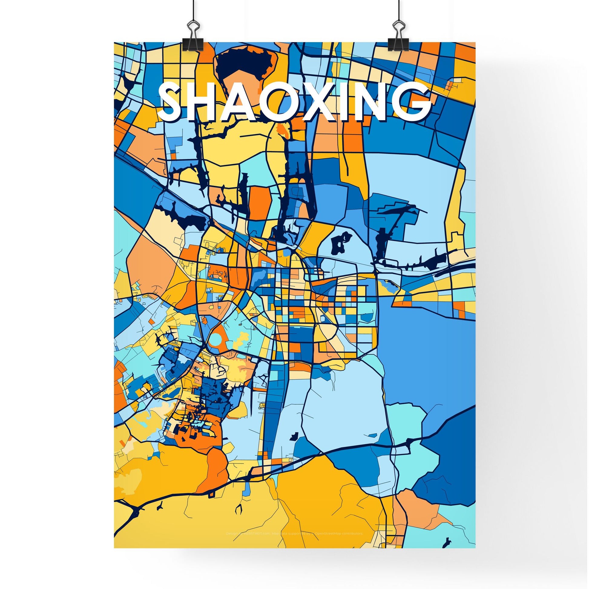 SHAOXING CHINA Vibrant Colorful Art Map Poster Blue Orange