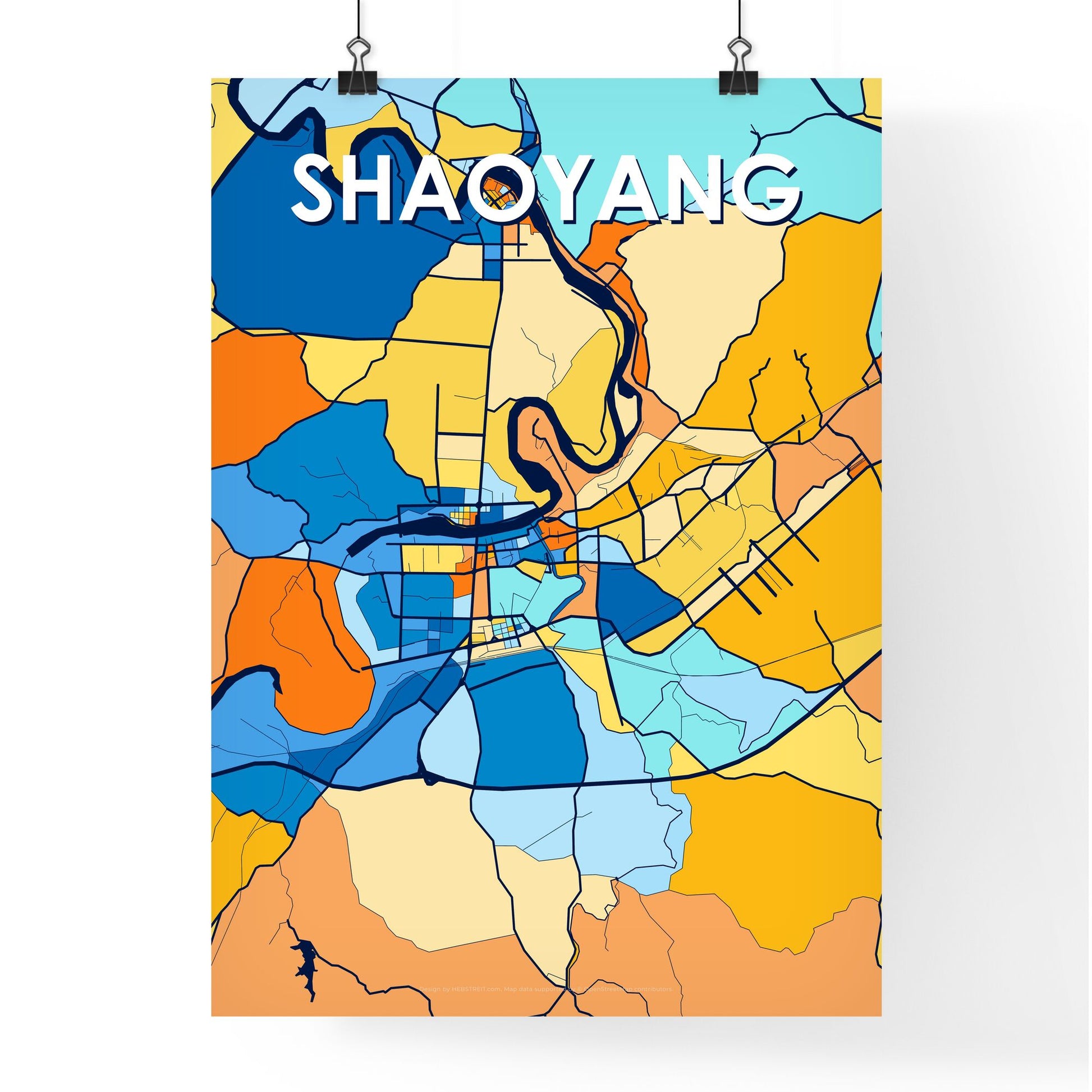 SHAOYANG CHINA Vibrant Colorful Art Map Poster Blue Orange