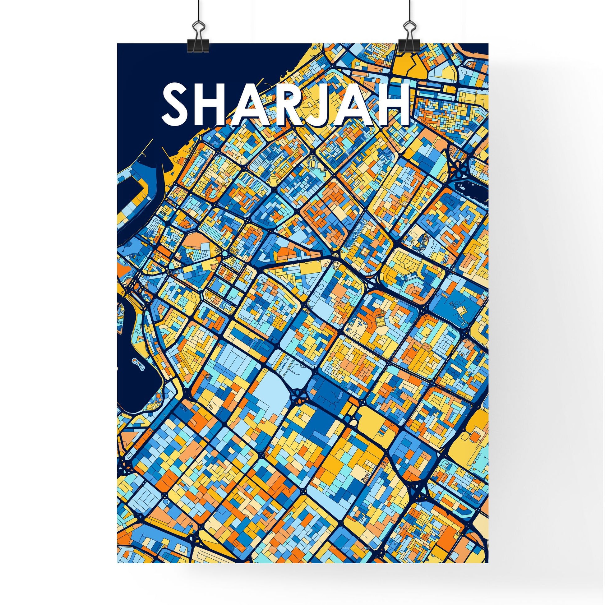 SHARJAH UNITED ARAB EMIRATES Vibrant Colorful Art Map Poster Blue Orange