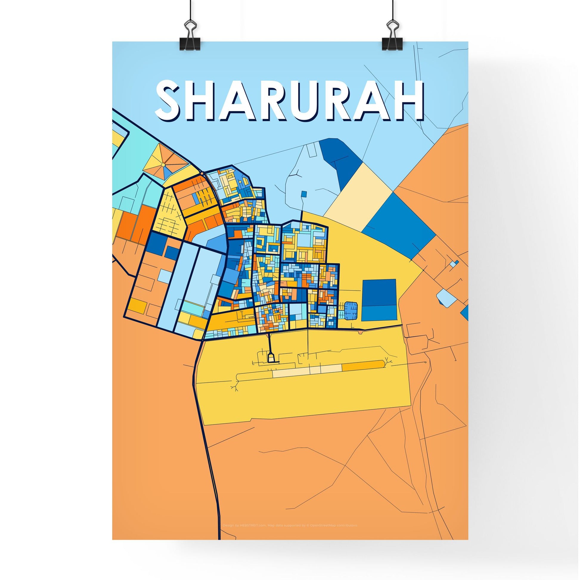 SHARURAH SAUDI ARABIA Vibrant Colorful Art Map Poster Blue Orange