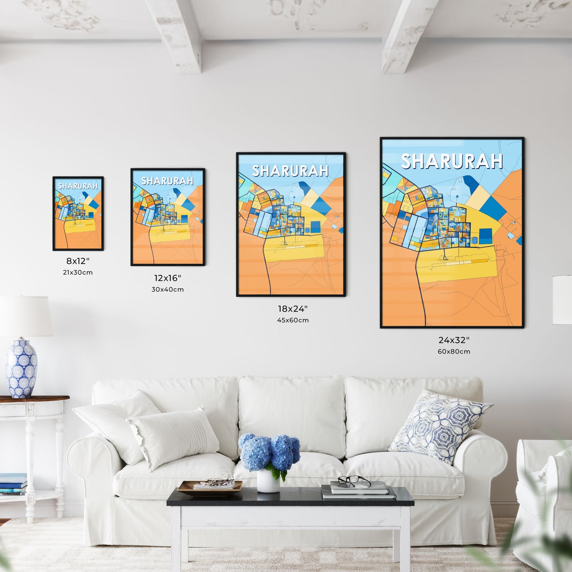 SHARURAH SAUDI ARABIA Vibrant Colorful Art Map Poster Blue Orange