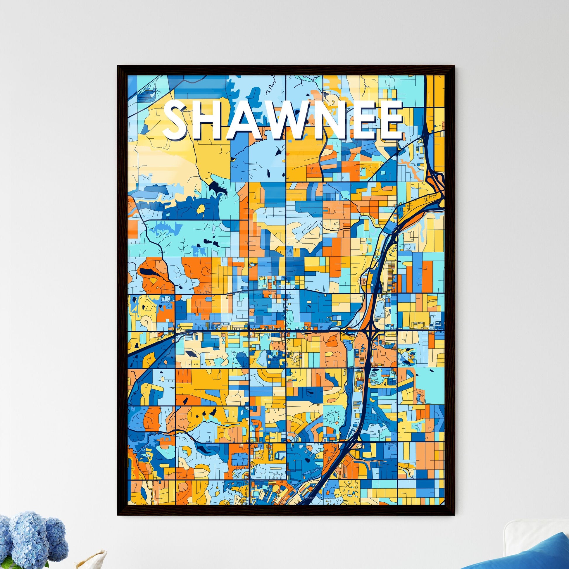 SHAWNEE KANSAS Vibrant Colorful Art Map Poster Blue Orange