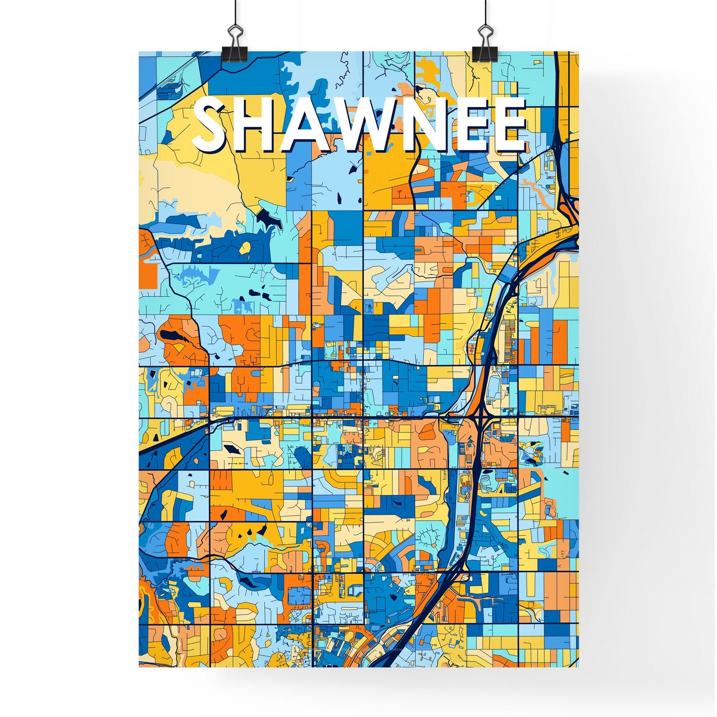 SHAWNEE KANSAS Vibrant Colorful Art Map Poster Blue Orange