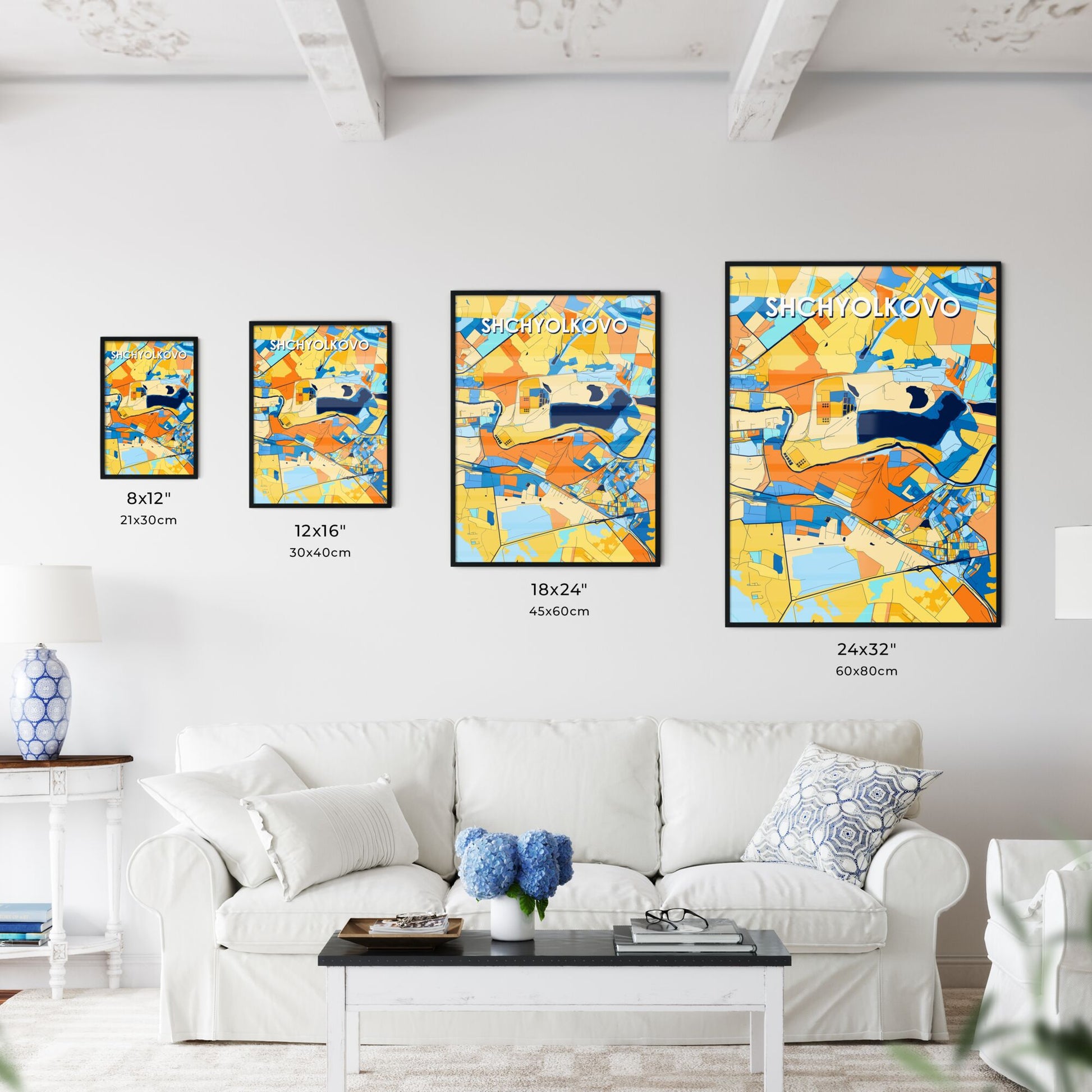 SHCHYOLKOVO RUSSIA Vibrant Colorful Art Map Poster Blue Orange