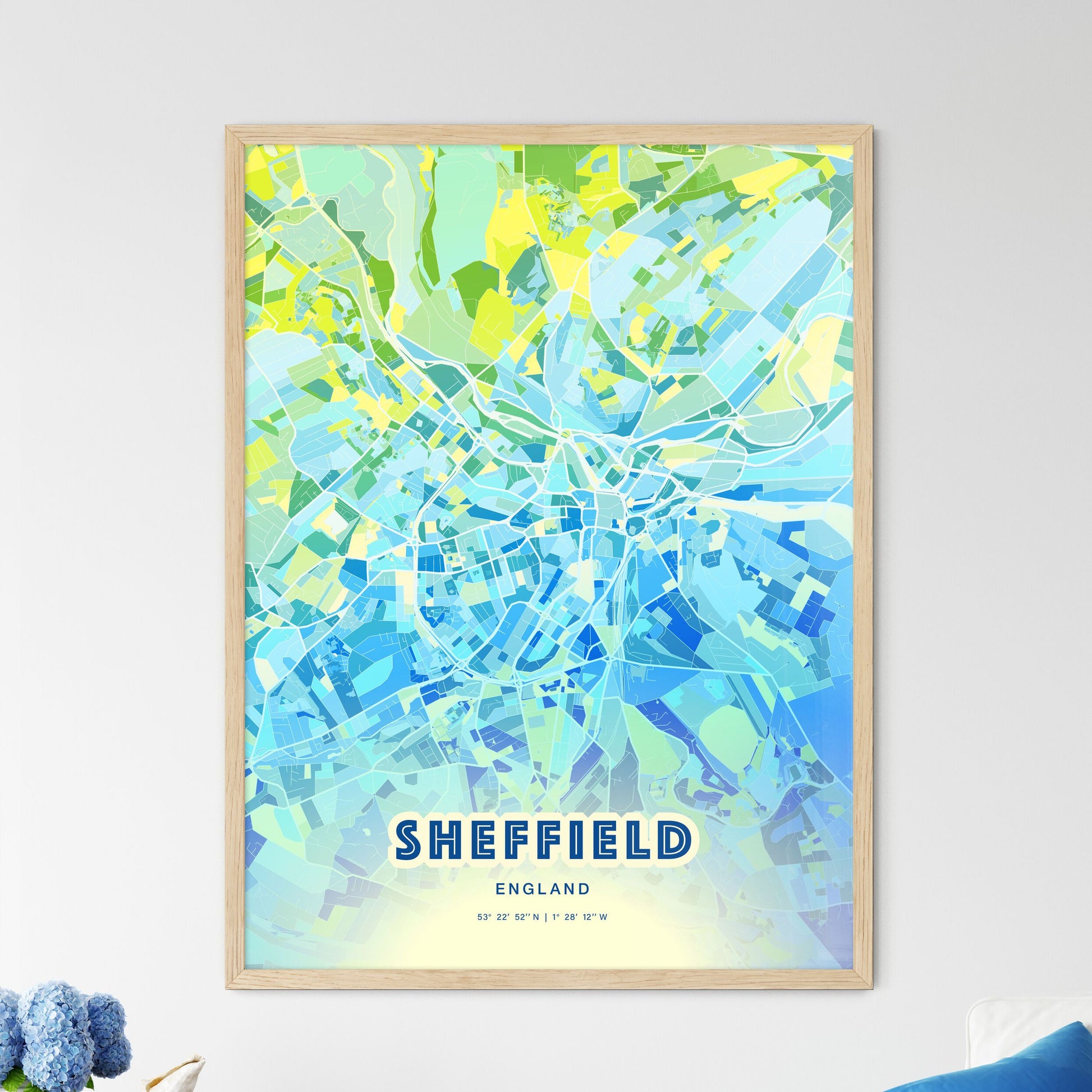 Colorful Sheffield England Fine Art Map Cool Blue