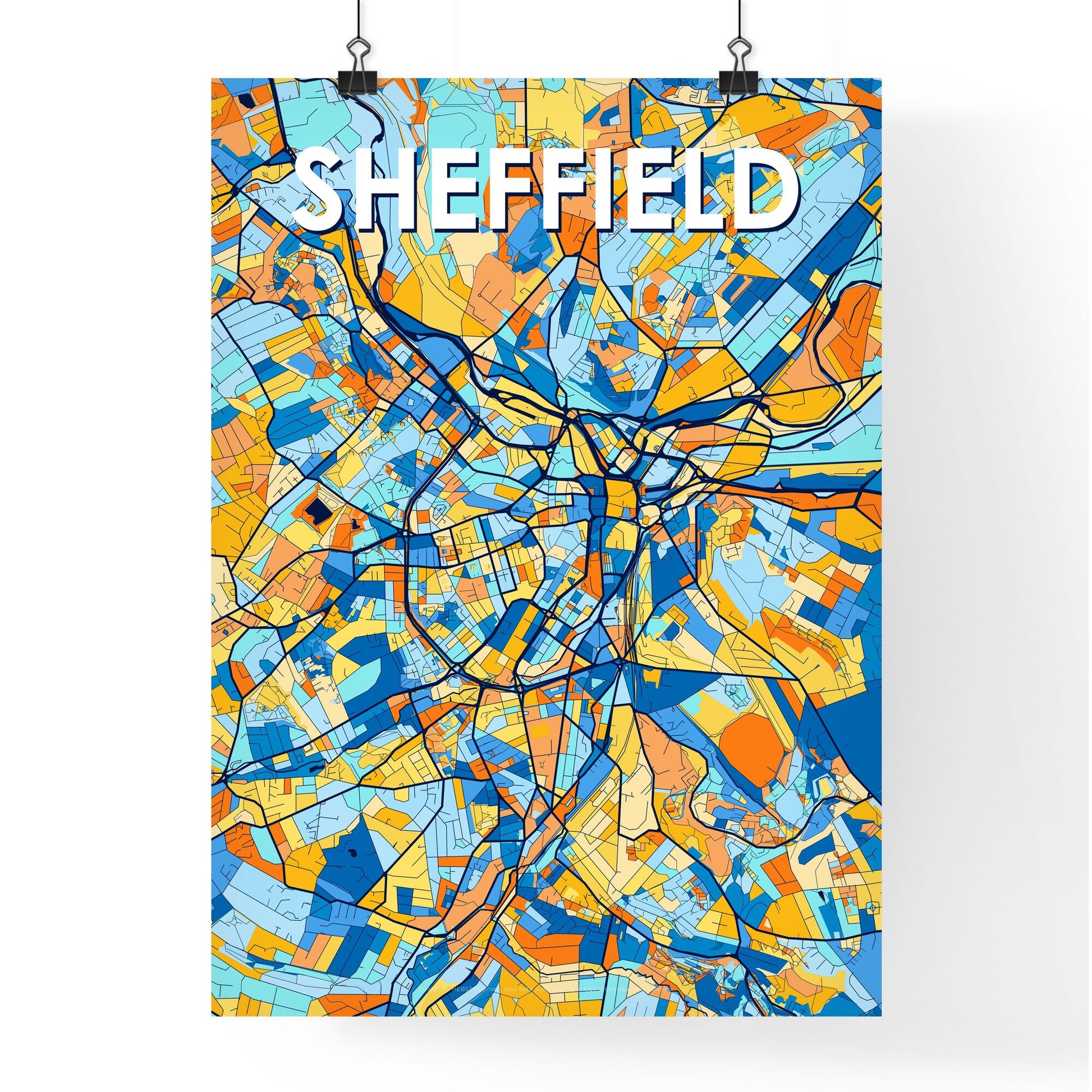 SHEFFIELD ENGLAND Vibrant Colorful Art Map Poster Blue Orange