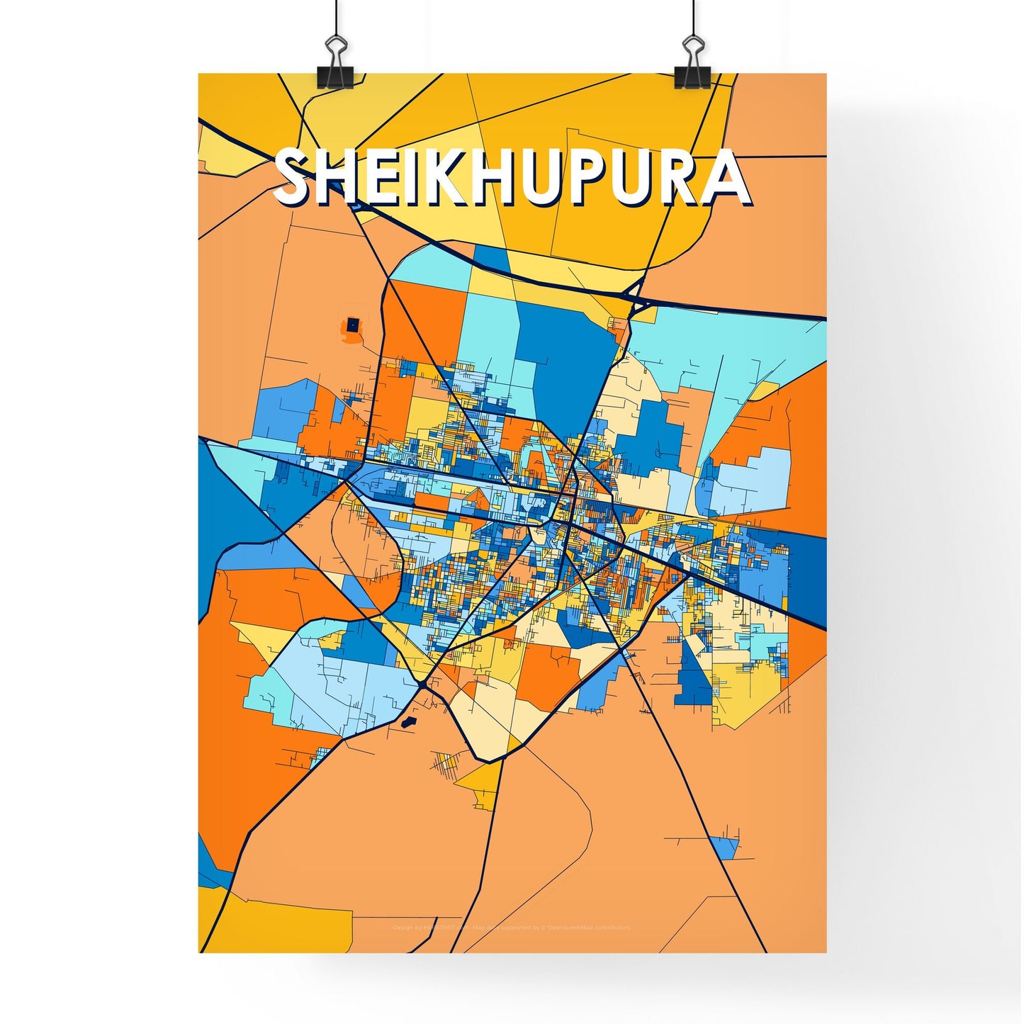 SHEIKHUPURA PAKISTAN Vibrant Colorful Art Map Poster Blue Orange