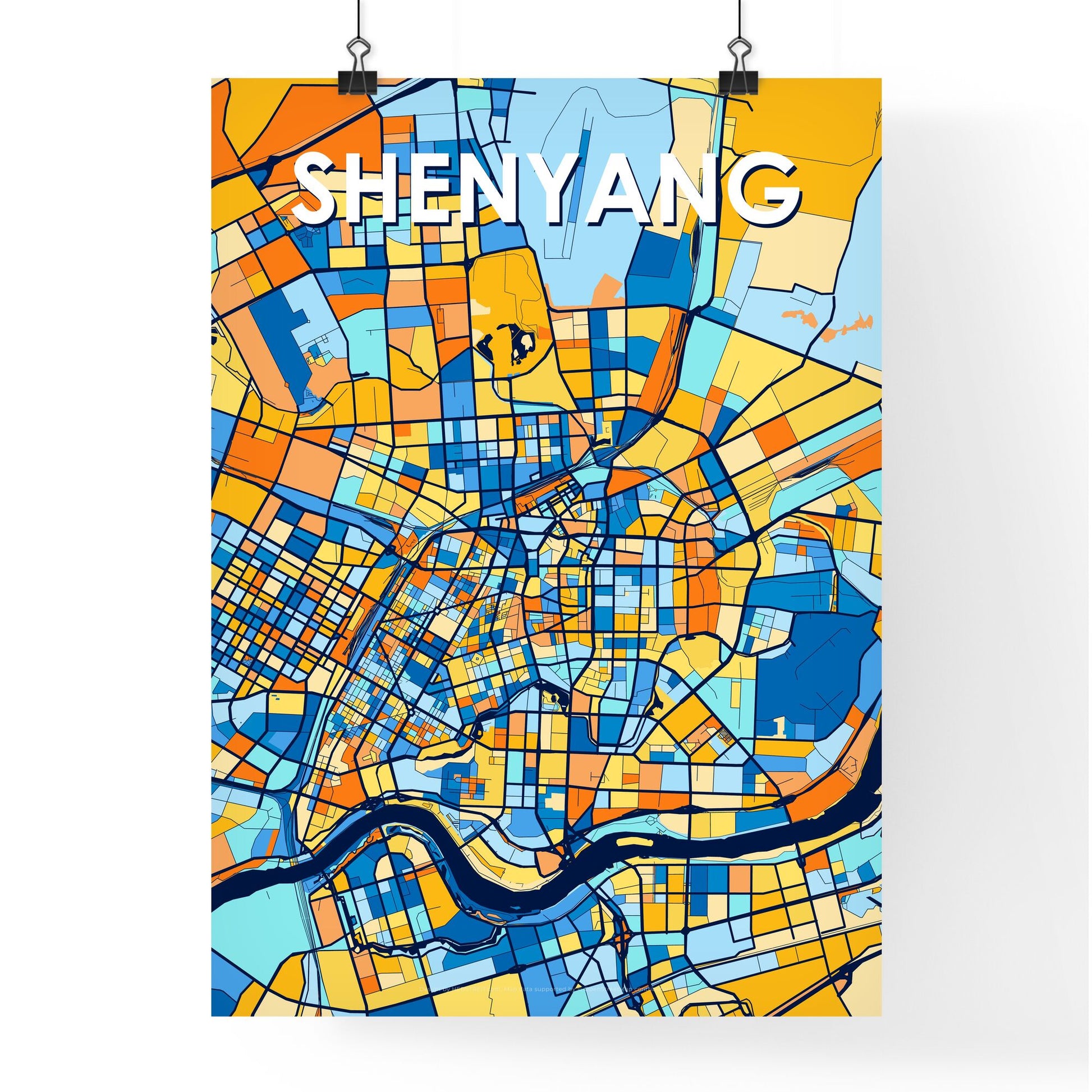 SHENYANG CHINA Vibrant Colorful Art Map Poster Blue Orange