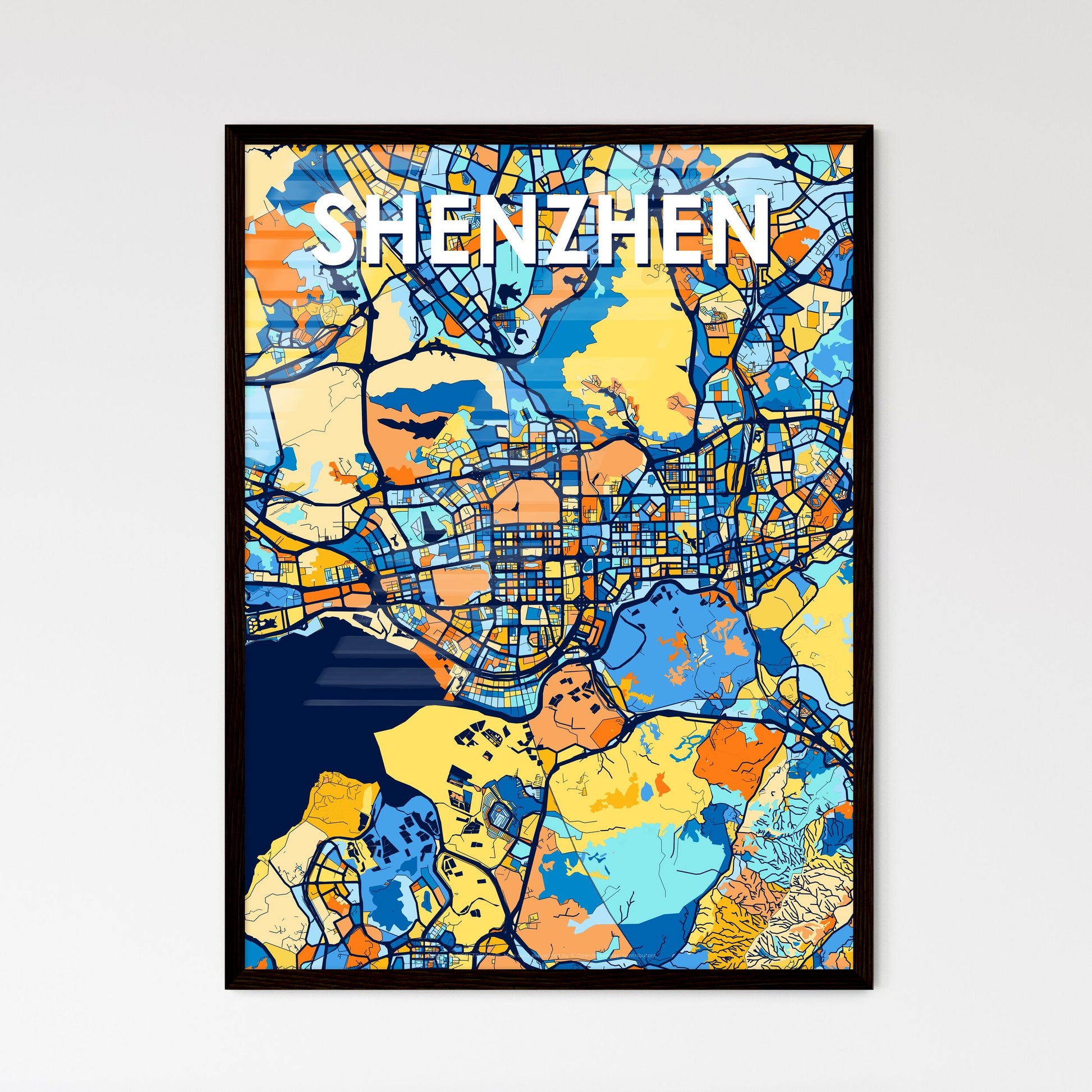 SHENZHEN CHINA Vibrant Colorful Art Map Poster Blue Orange