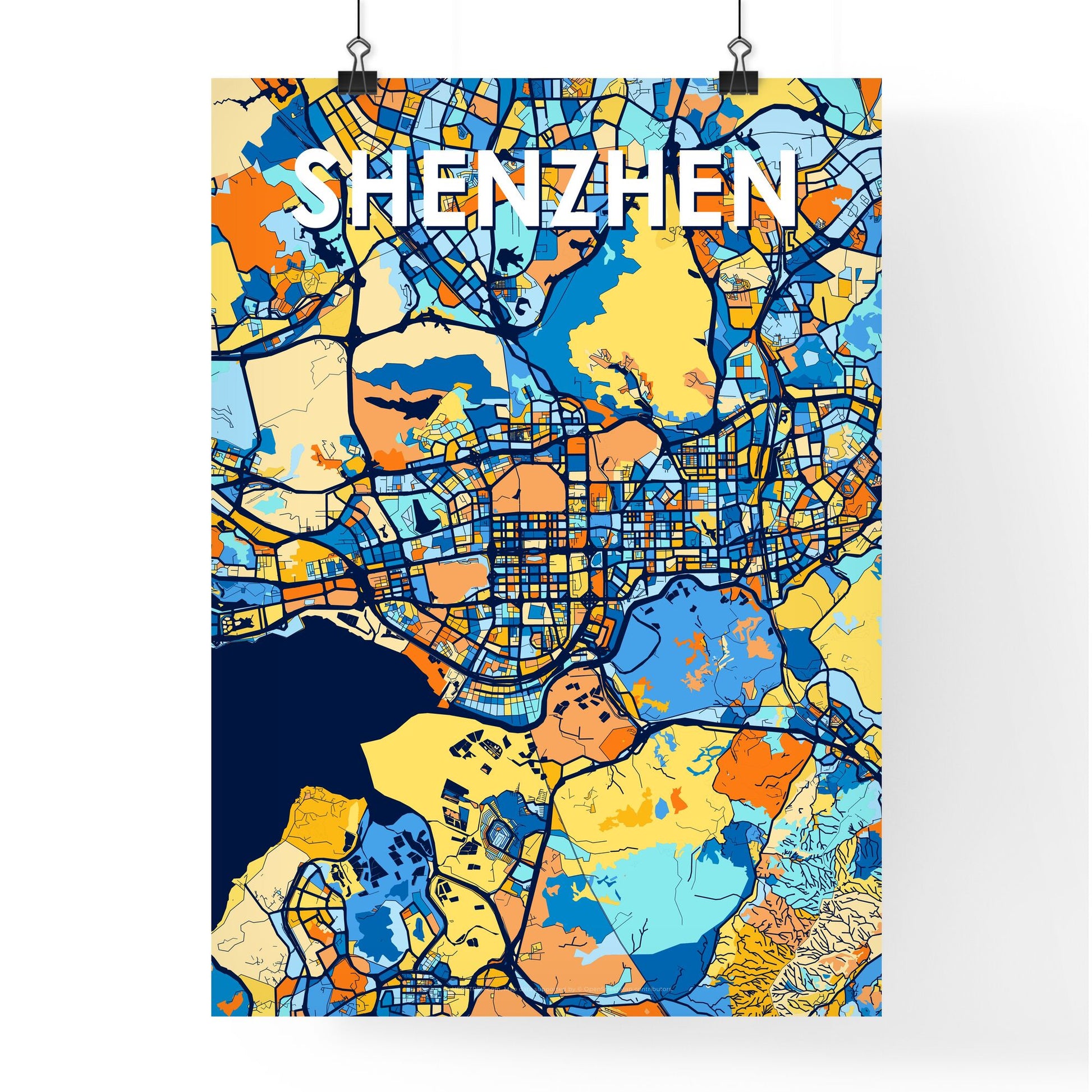 SHENZHEN CHINA Vibrant Colorful Art Map Poster Blue Orange