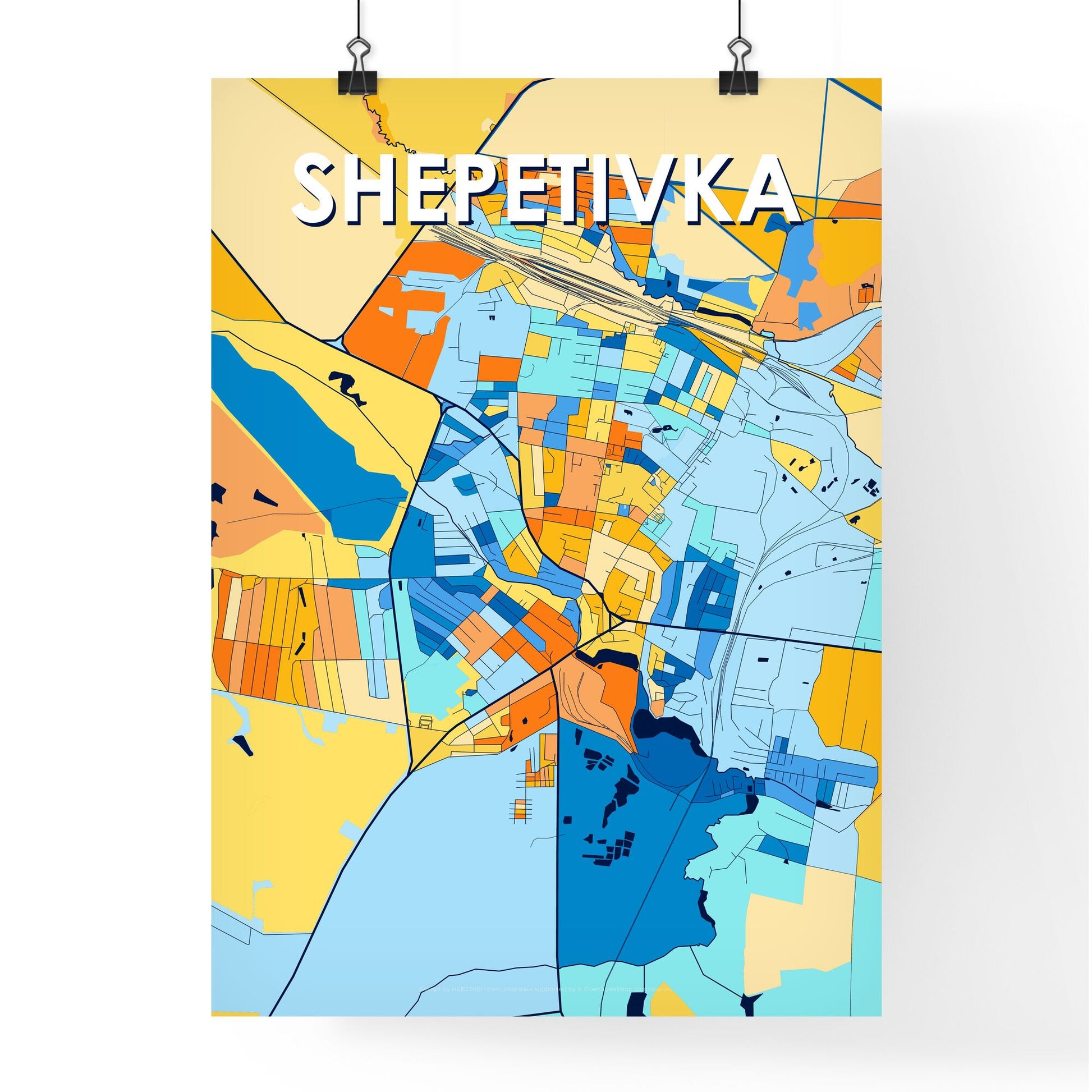 SHEPETIVKA UKRAINE Vibrant Colorful Art Map Poster Blue Orange