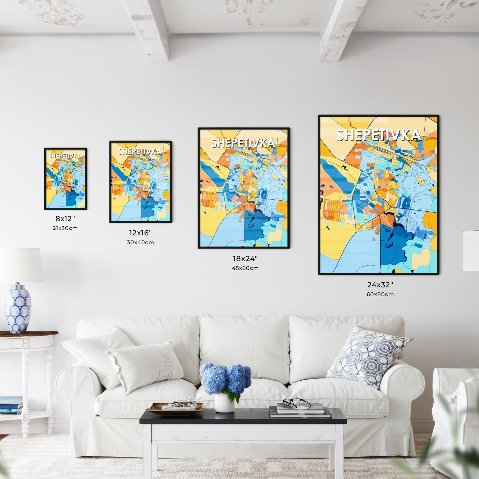 SHEPETIVKA UKRAINE Vibrant Colorful Art Map Poster Blue Orange