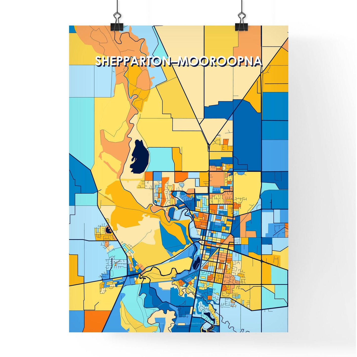 SHEPPARTON–MOOROOPNA AUSTRALIA Vibrant Colorful Art Map Poster Blue Orange