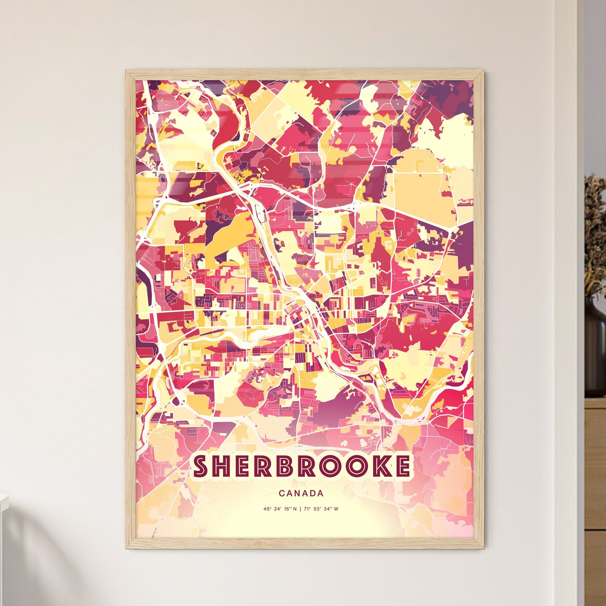 Colorful Sherbrooke Canada Fine Art Map Hot Red