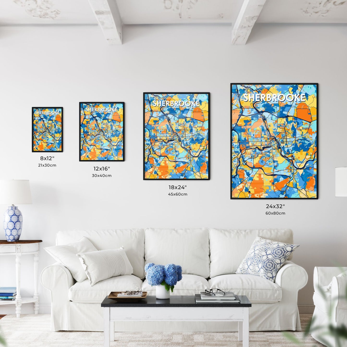 SHERBROOKE CANADA Vibrant Colorful Art Map Poster Blue Orange