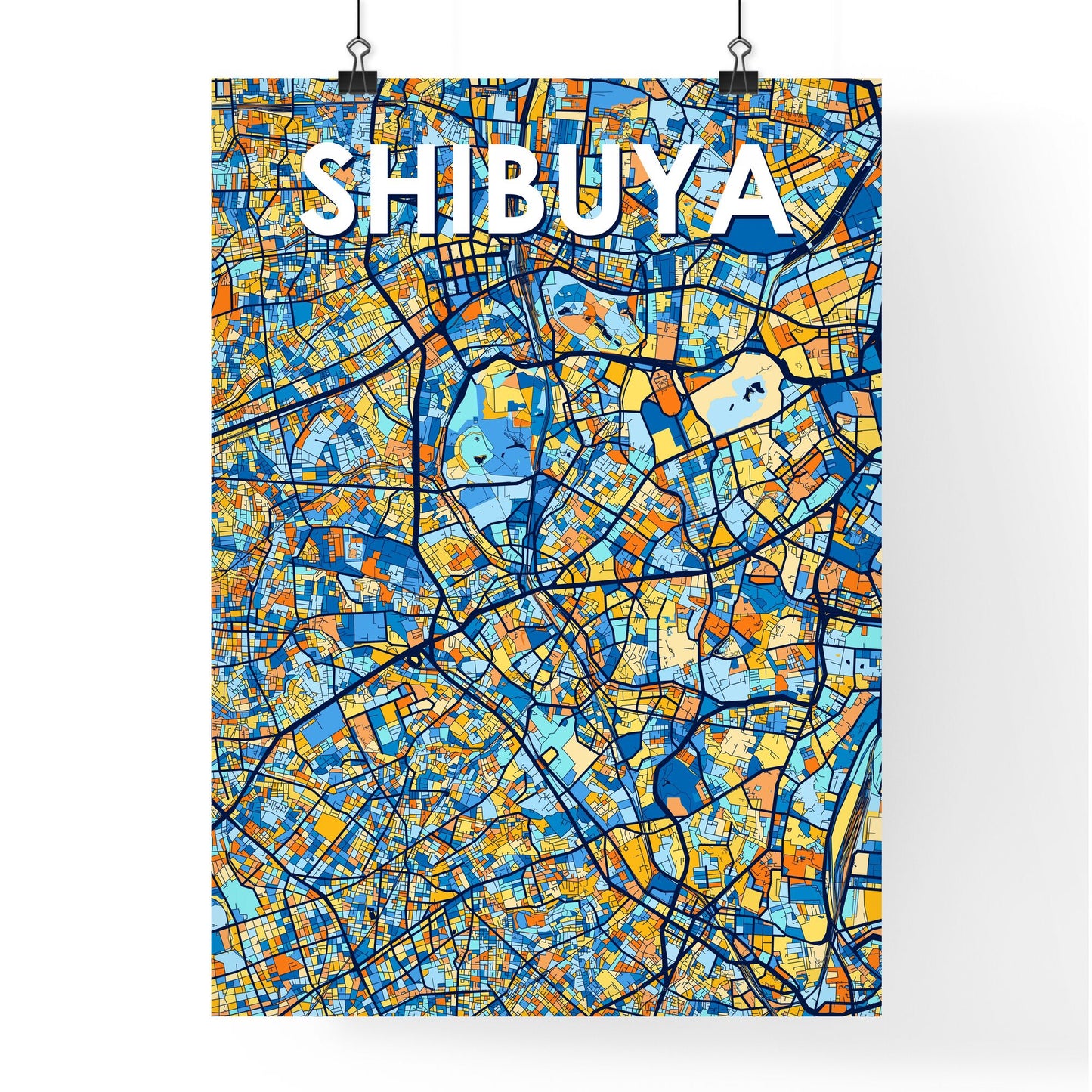 SHIBUYA JAPAN Vibrant Colorful Art Map Poster Blue Orange