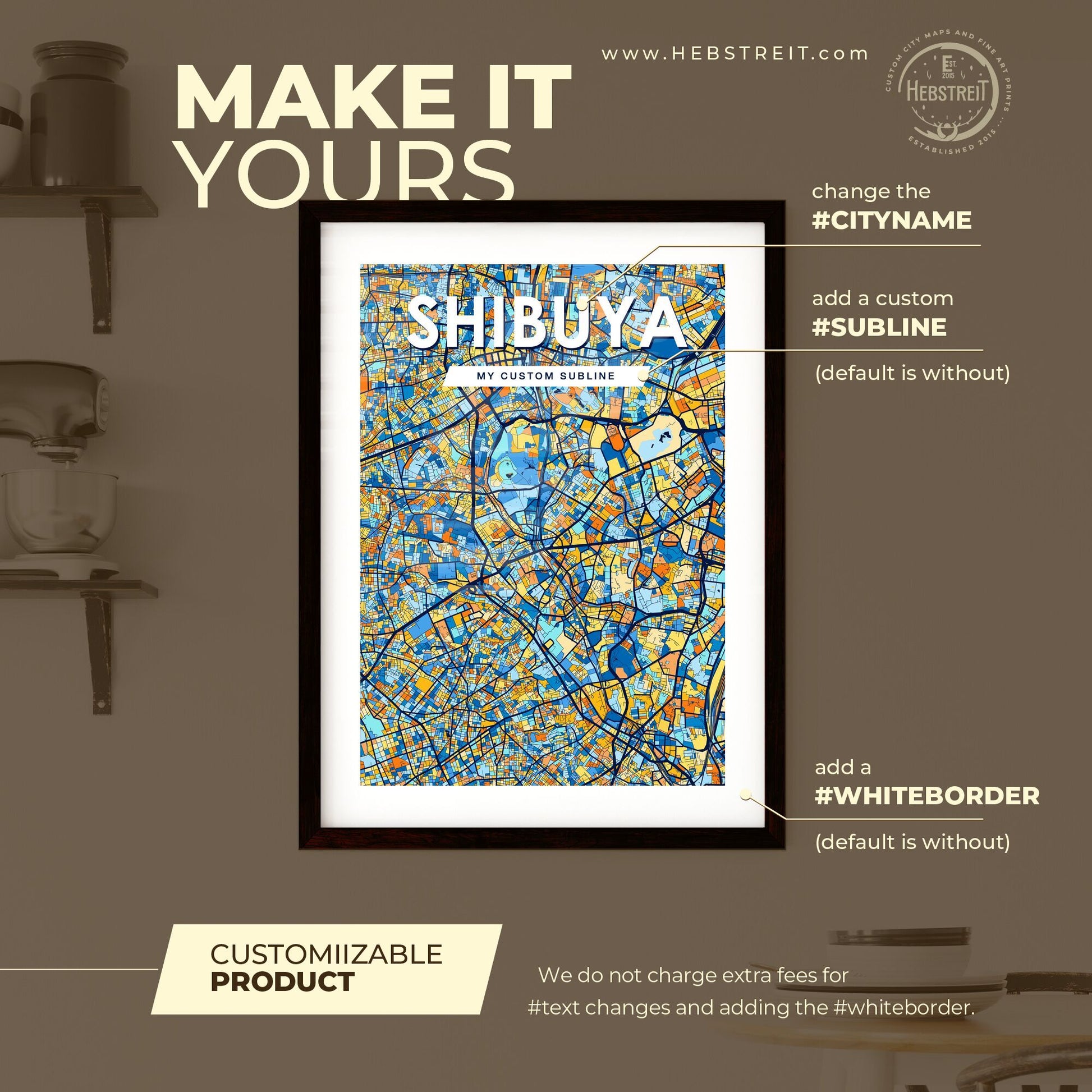 SHIBUYA JAPAN Vibrant Colorful Art Map Poster Blue Orange