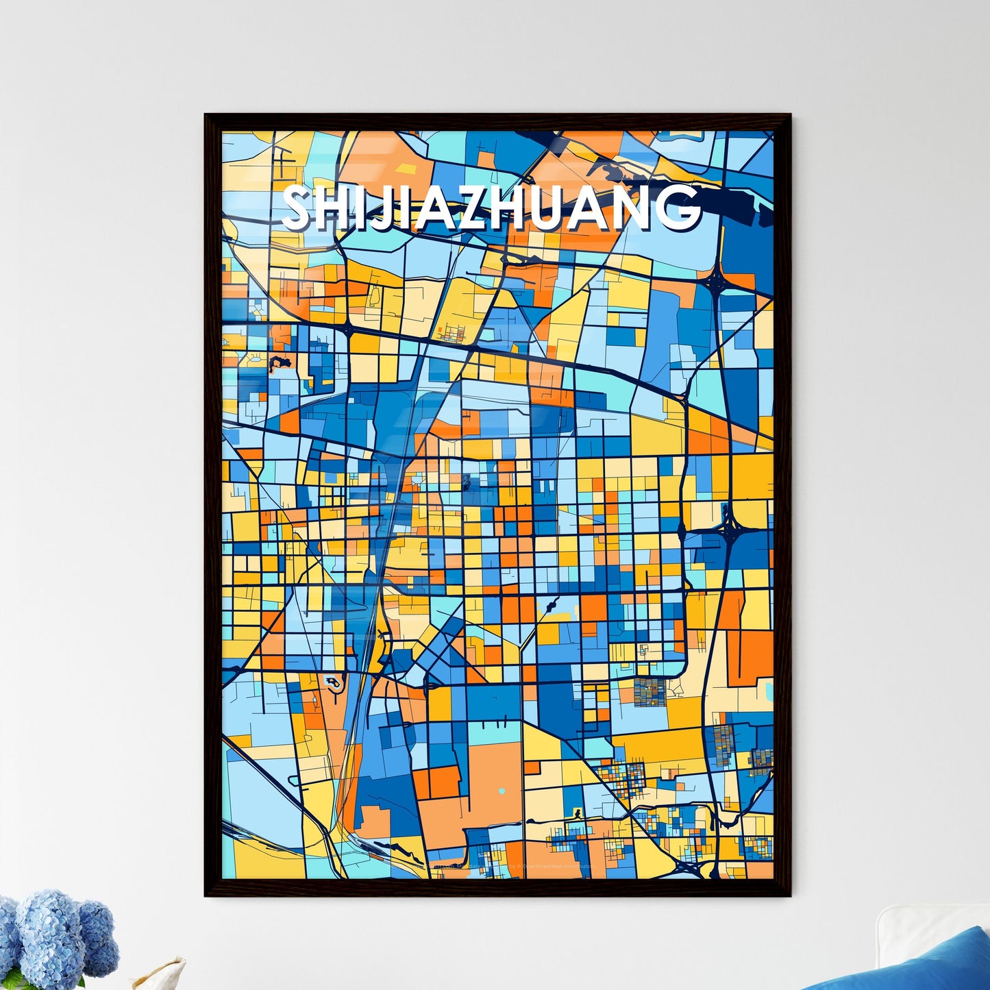 SHIJIAZHUANG CHINA Vibrant Colorful Art Map Poster Blue Orange