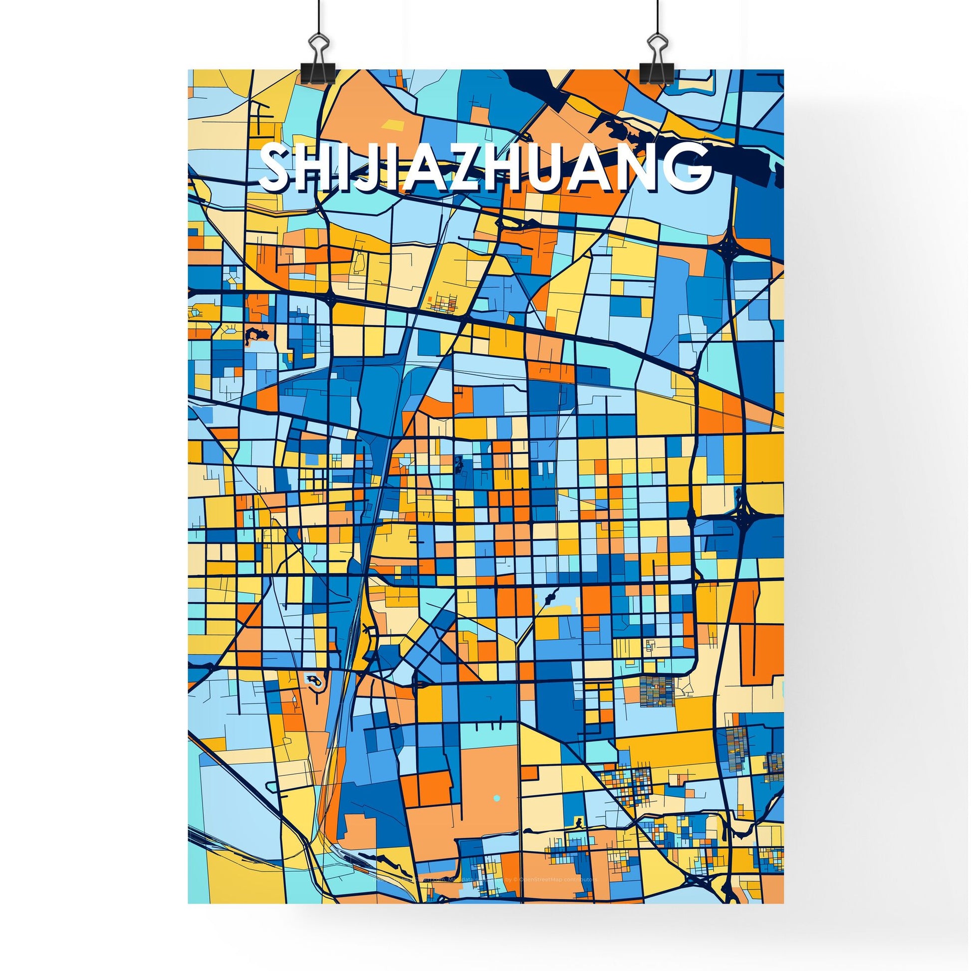 SHIJIAZHUANG CHINA Vibrant Colorful Art Map Poster Blue Orange