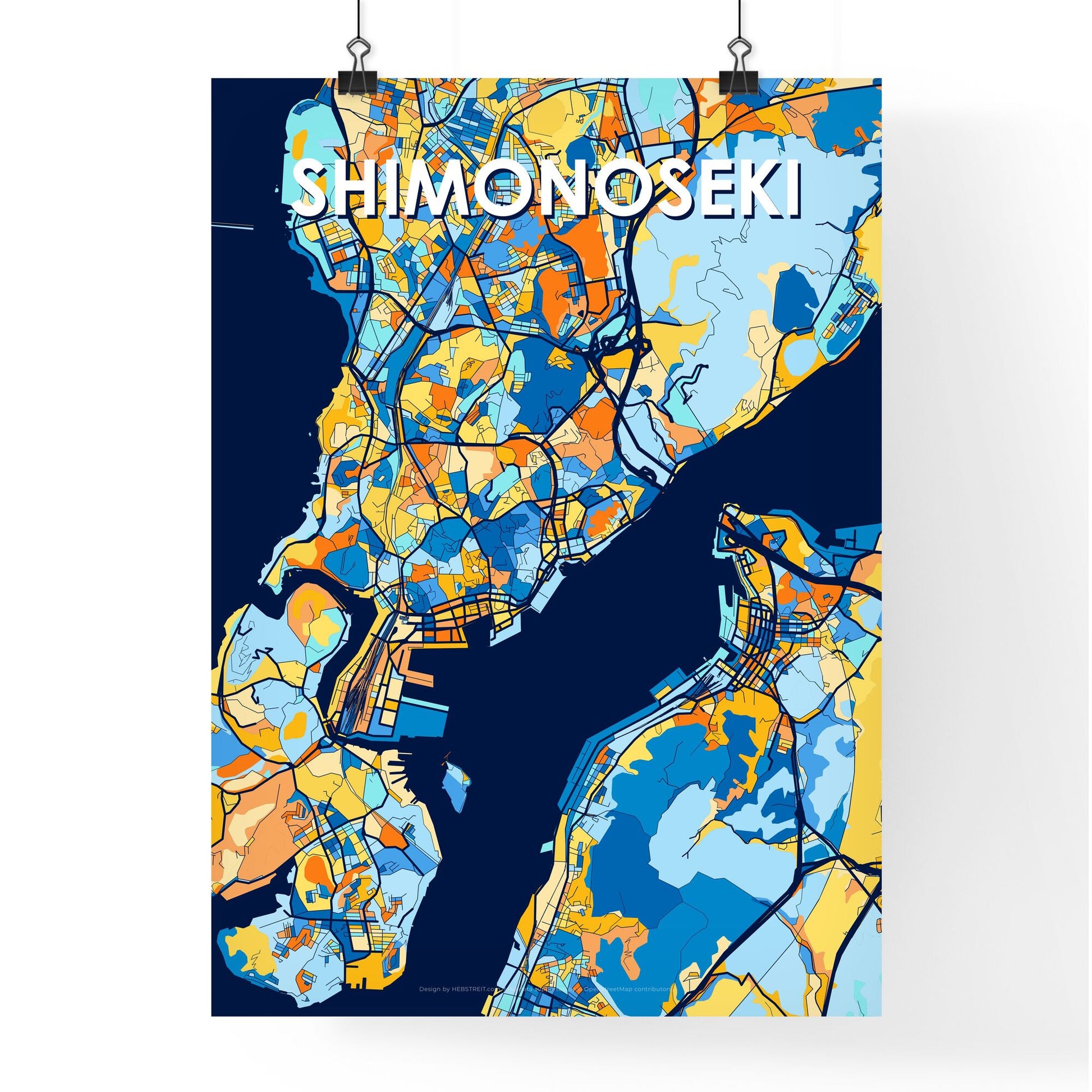 SHIMONOSEKI JAPAN Vibrant Colorful Art Map Poster Blue Orange