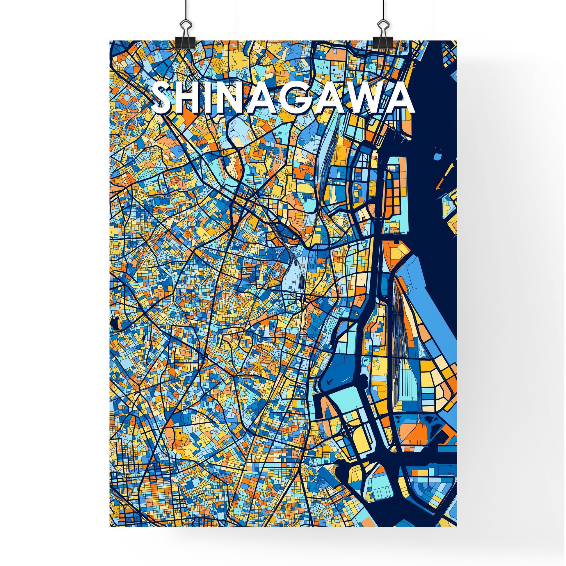 SHINAGAWA JAPAN Vibrant Colorful Art Map Poster Blue Orange