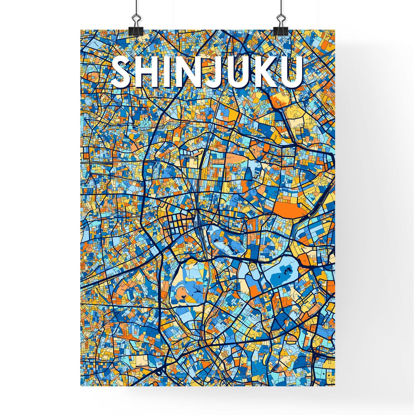 SHINJUKU JAPAN Vibrant Colorful Art Map Poster Blue Orange