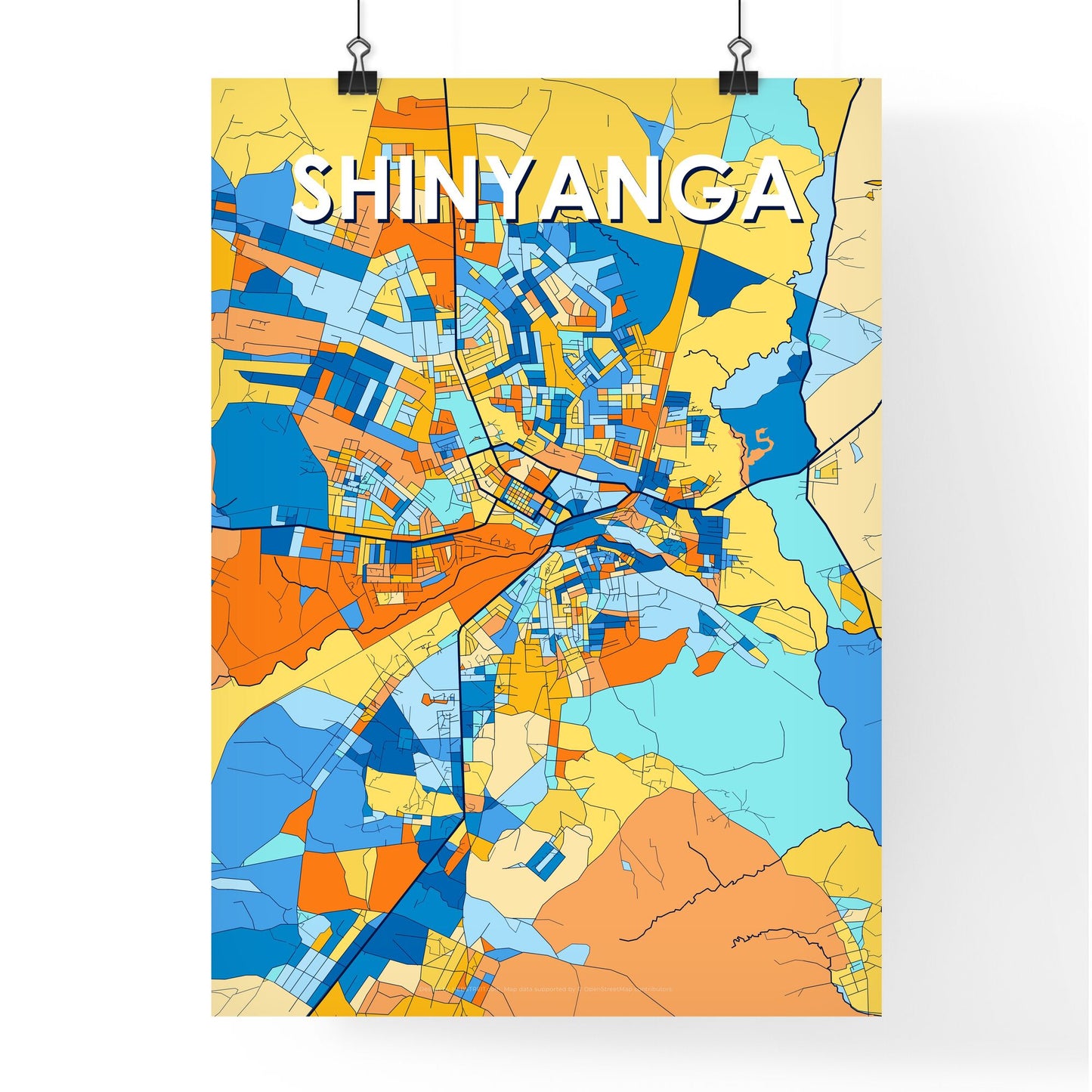 SHINYANGA TANZANIA Vibrant Colorful Art Map Poster Blue Orange