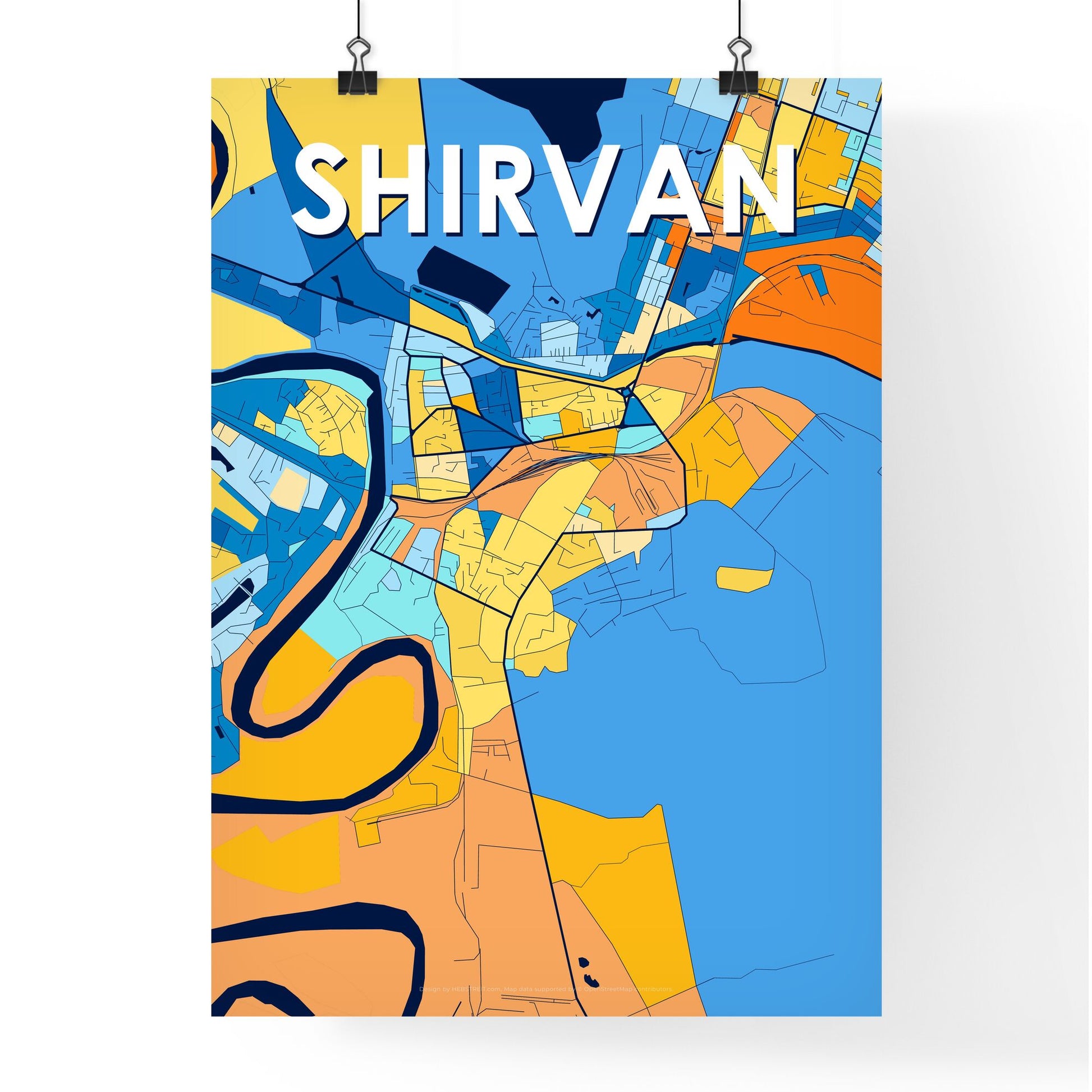 SHIRVAN AZERBAIJAN Vibrant Colorful Art Map Poster Blue Orange