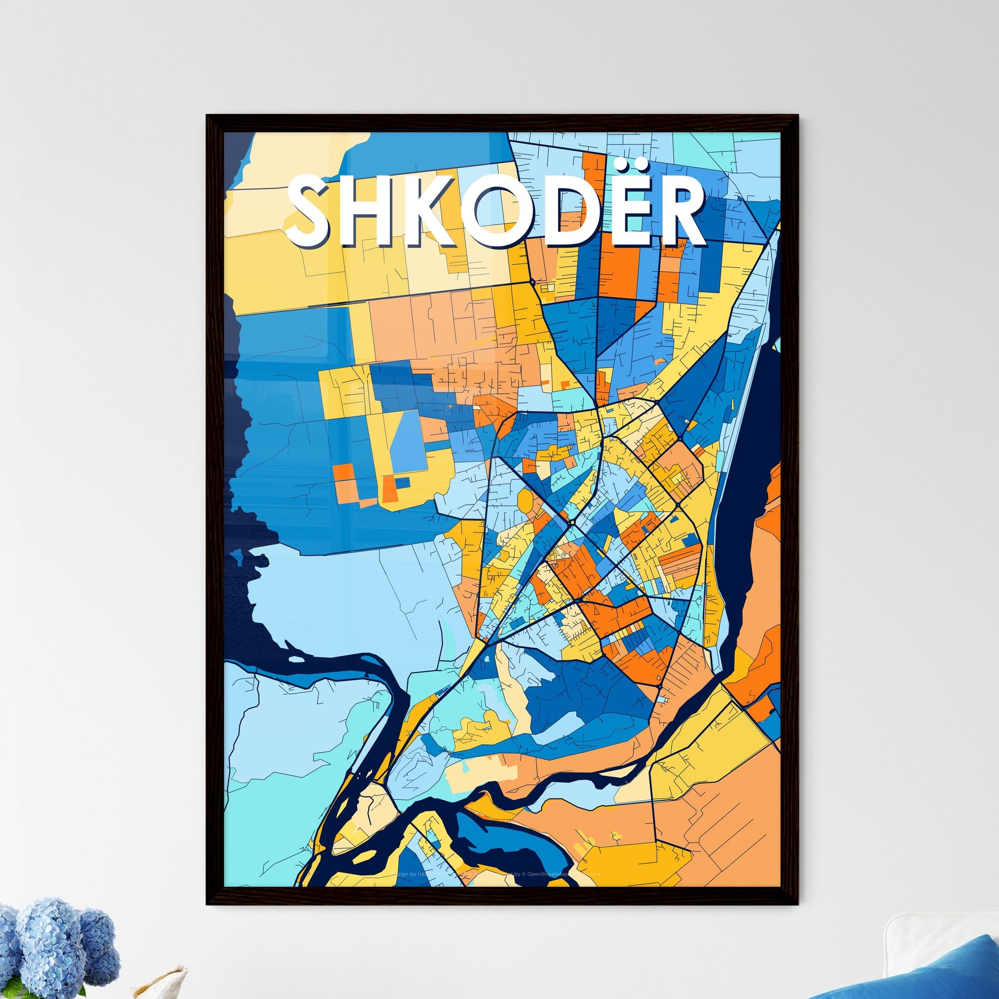 SHKODËR ALBANIA Vibrant Colorful Art Map Poster Blue Orange